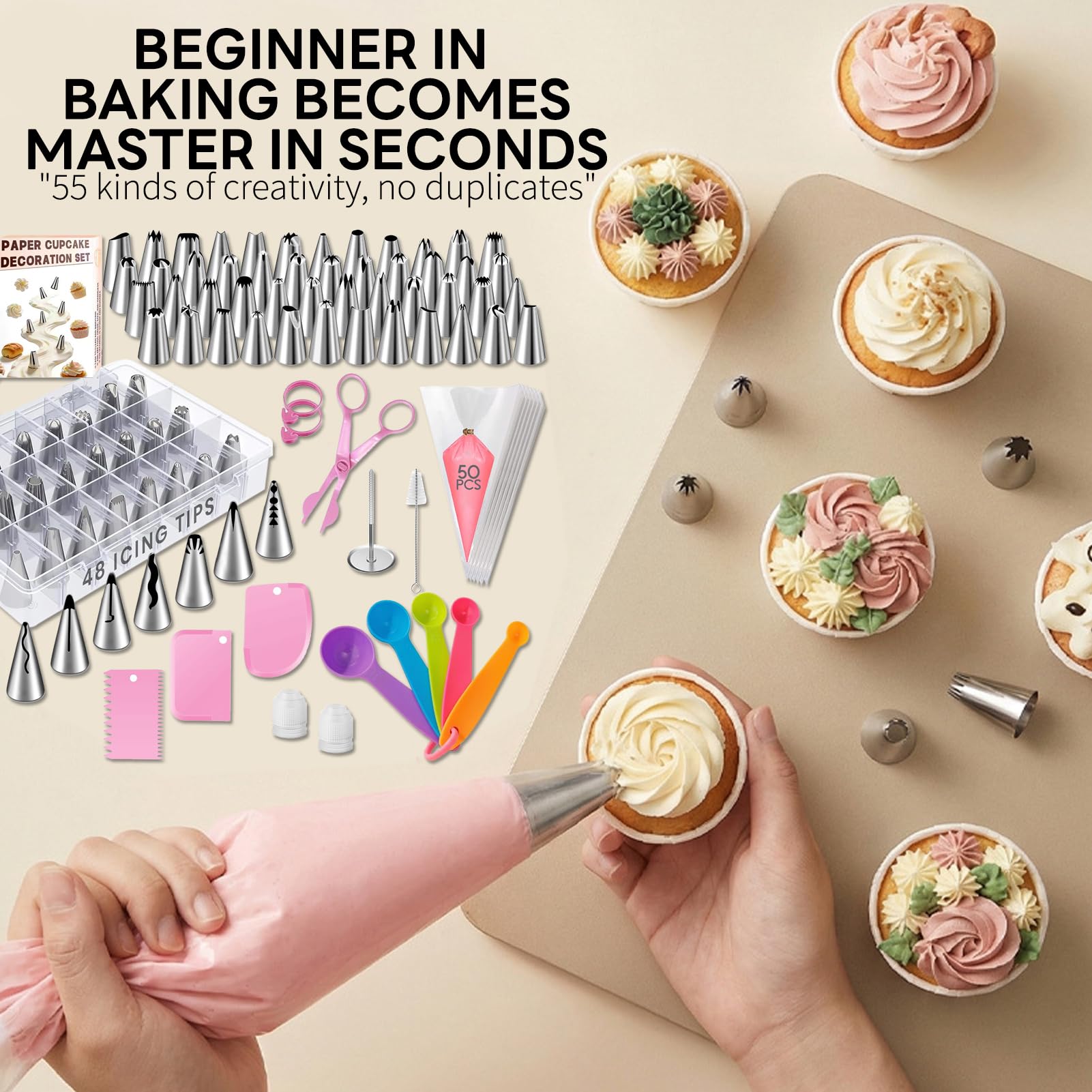 120 pcs Poche a Douille Patisserie, Douille Patisserie Inoxydable avec Cuillères Doseuses, 50 Poche a Douille pour Gâteaux, Cupcakes, Biscuits et Crème