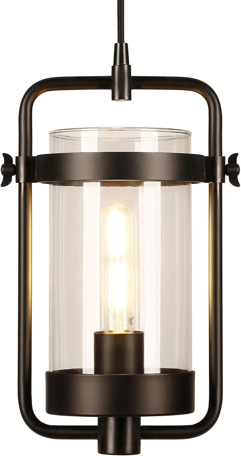 Henn&Hart 11'' Industrial Pendant Light Fixture with Clear Glass Cylinder Shade and 8' Adjustable Cord for Kitchen Island, Dining Room or Game Room, Blackened Bronze