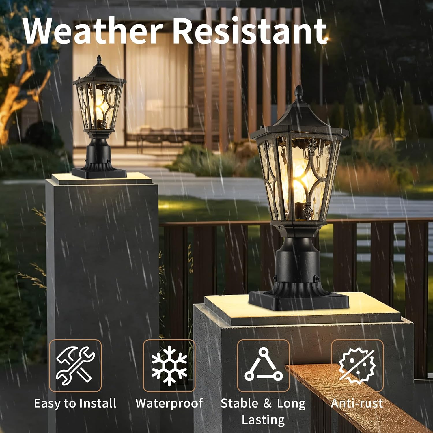 JYZ Outdoor Post Lights Lamp Post Light Fixture, 14'' Pole Lantern with E26 Base 60W Max & Waterproof Aluminum Housing Plus Water Ripple Glass, Fence Post Deck Lighting for Garden, Patio, Pathway