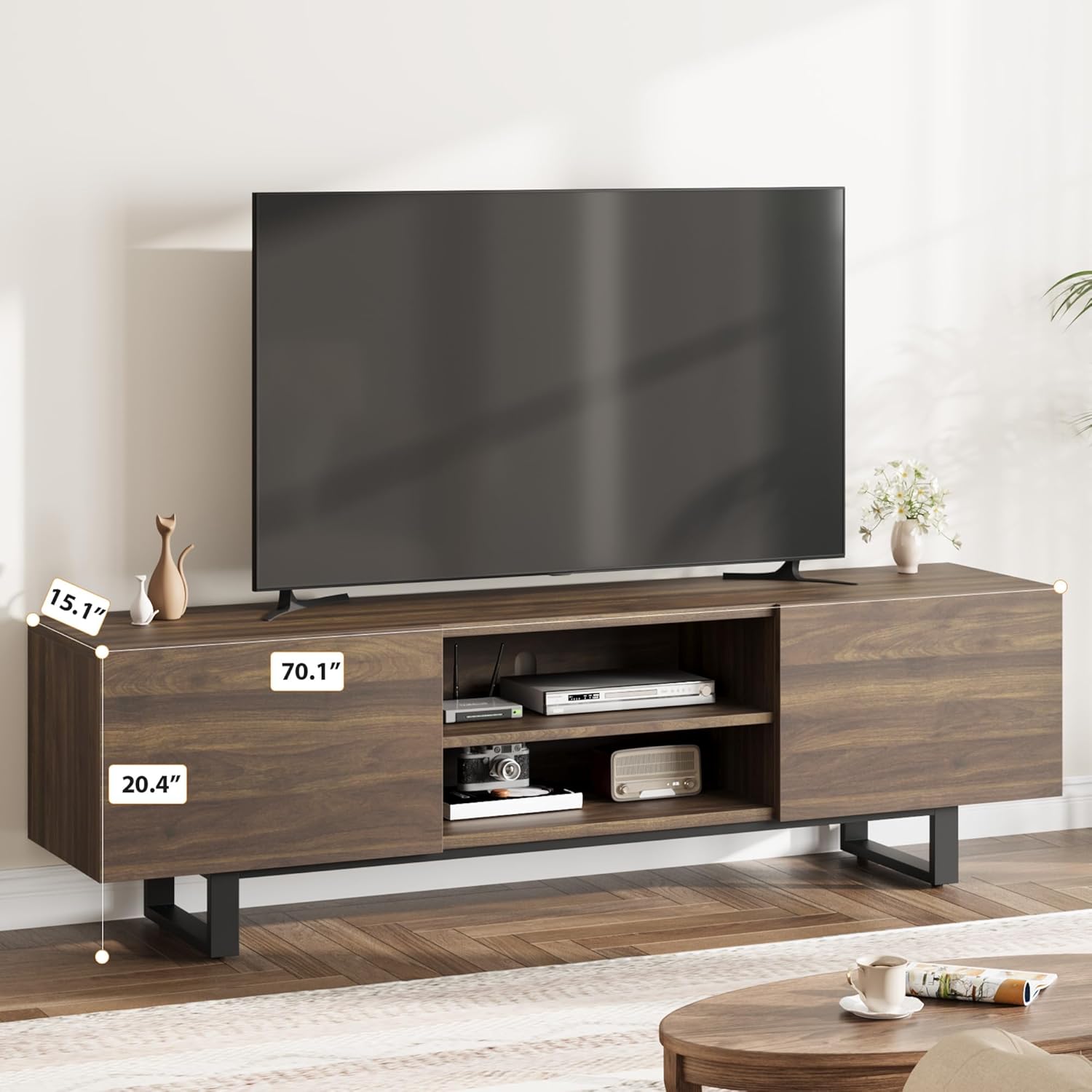 GarveeHome Industrial TV Stand for 80 in, Modern Entertainment Center with 2 Drawers, Wooden Media Cabinet with Heavy Duty Leg and Open Storage, TV Console Table for Living Room, Walnut - Image 2