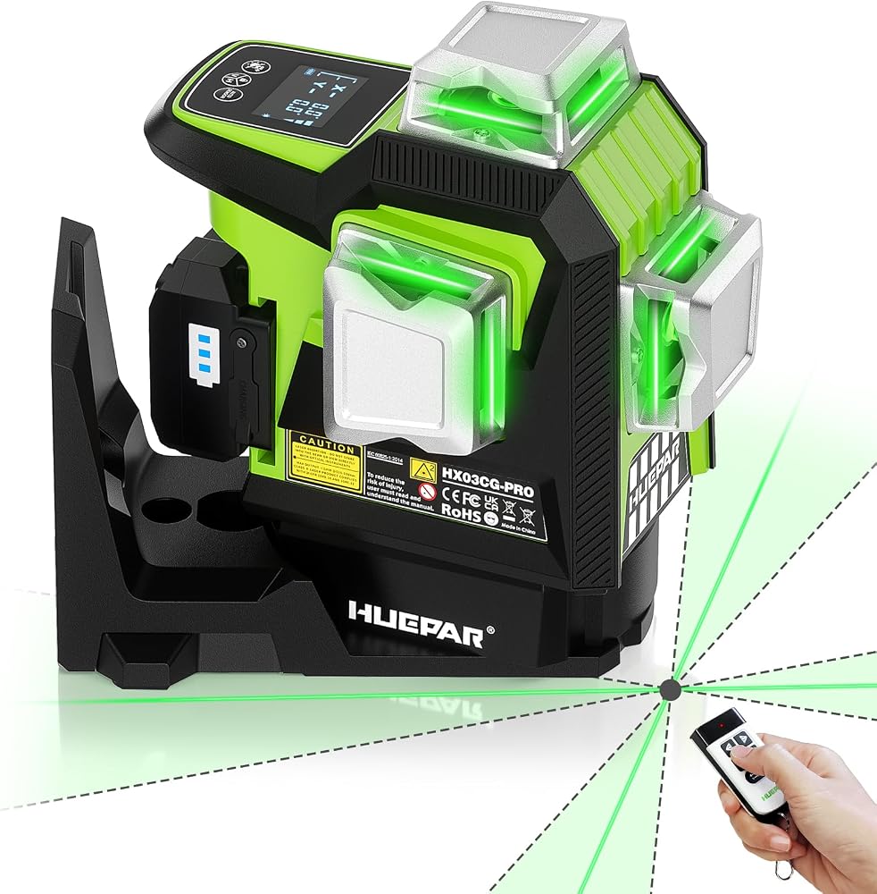 Huepar 360 Self Leveling Laser Level Electric Fine Adjustment Rotating Base | Fixed-Point Pivot Alignment, Remote Control, Display Angle, 1/13" High Accuracy, Motion alert, Rechargeable