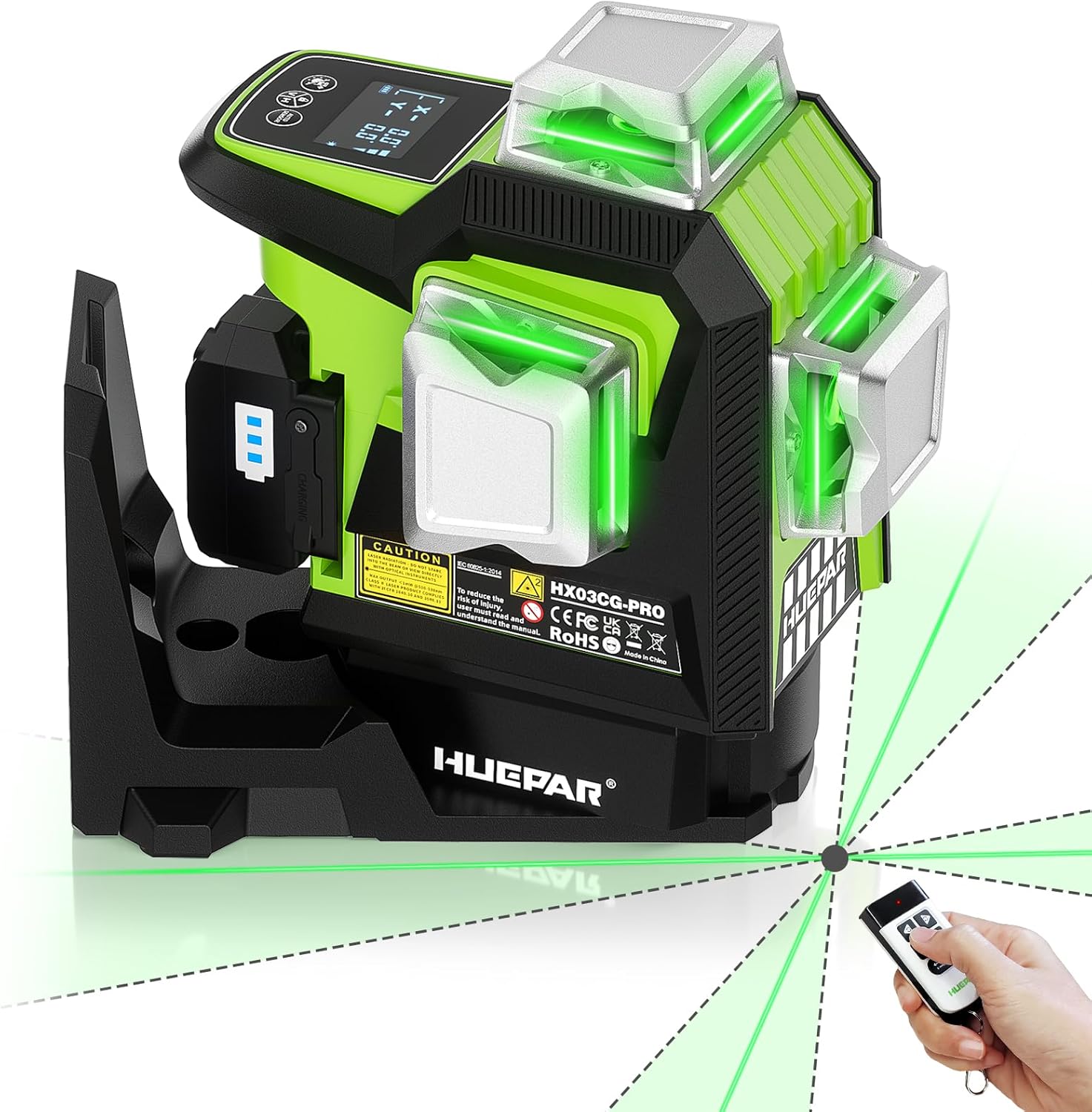 Huepar 2026 Upgraded 360 Laser Level with Electric Fine Adjustment Rotating Base, Fixed-Point Pivot Alignment, Remote Control, Rechargeable, 1/13" High Accuracy Self Leveling Lazer Leveler, Pluse Mode