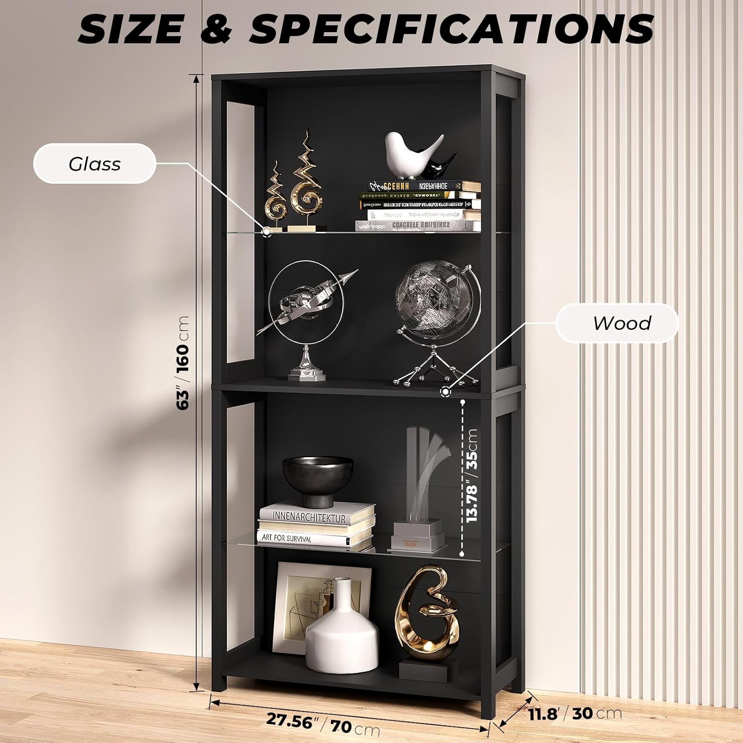Display Cabinet with Glass Shelves, 4-Tier Display Shelf with LED Lights, Glass Display Case with Removable Shelves, Curio Cabinet for Collectibles, Black
