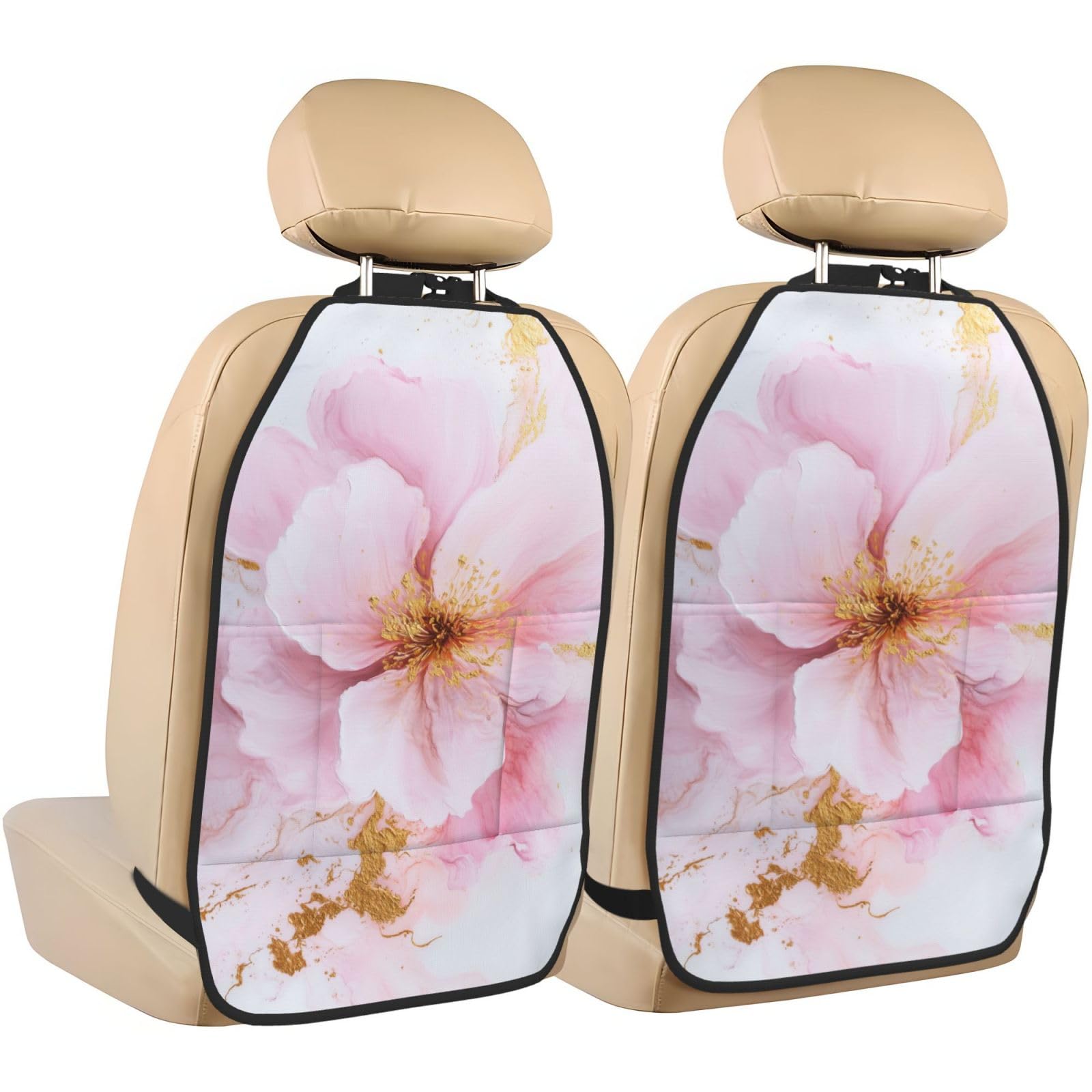 Pink Gold Blossom Flower Abstract Car Seat Back Kick Protectors,2 Pack Kick Mats With Storage Pockets For Vehicles To Protect From Dirt Mud Scratches