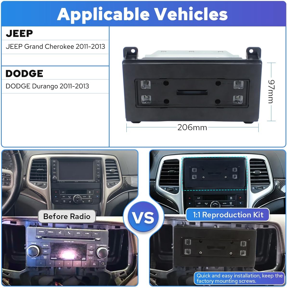 Joying Car Radio for Jeep Grand Cherokee/Dodge Durango 2011-2013, 8 Inch IPS Touch Screen 4+64GB Car Stereo 1280 x 800 with Wireless CarPlay & Android Auto, Mirror Link, Volume Knob(JY-GC601T4)