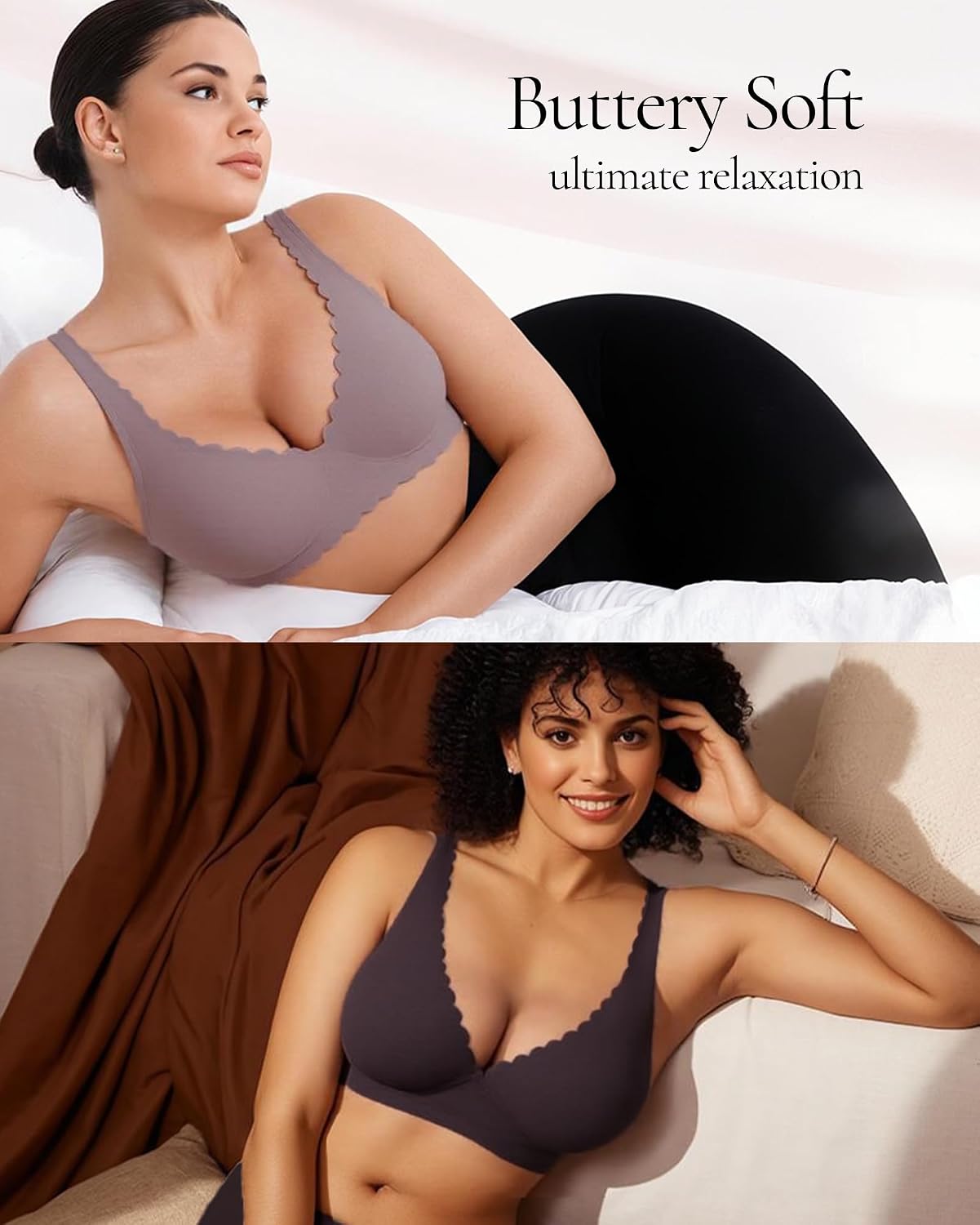 Deep V Petal Bras for Women No Underwire Soft Wireless Bras Comfort Seamless Bra with Extender Black/Grey,XL(2P)