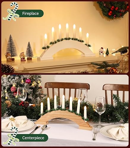 Miniatura 6 de Lewondr Candelabro sueco de Navidad, 7 velas cónicas sin llama con alimentación USB, luz de vela de ventana de Navidad con agujas de pino, luz de
