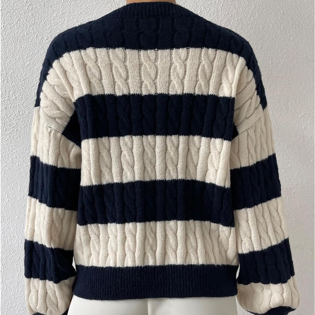 Women Color Block Sweater Loose V Neck Long Sleeve Slouchy Cable Knit Pullover Jumper Tops - Image 5