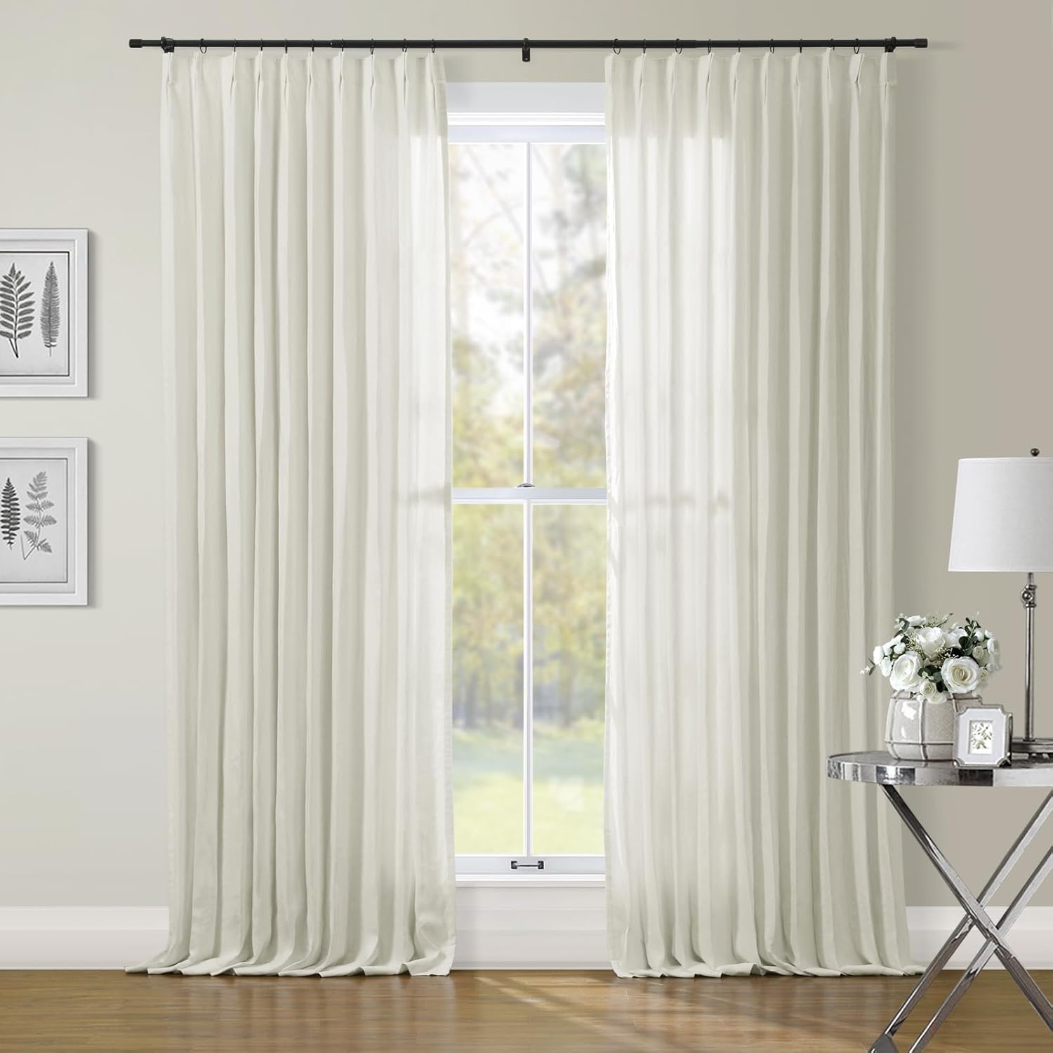 TWOPAGES Belgian Flax Linen Curtain Chocolate Pinch Pleated Drapery Room Darkening Window Drape for Bedroom Pure Linen Drape for Door Window, Natural, 52Wx108L, 1 Panel