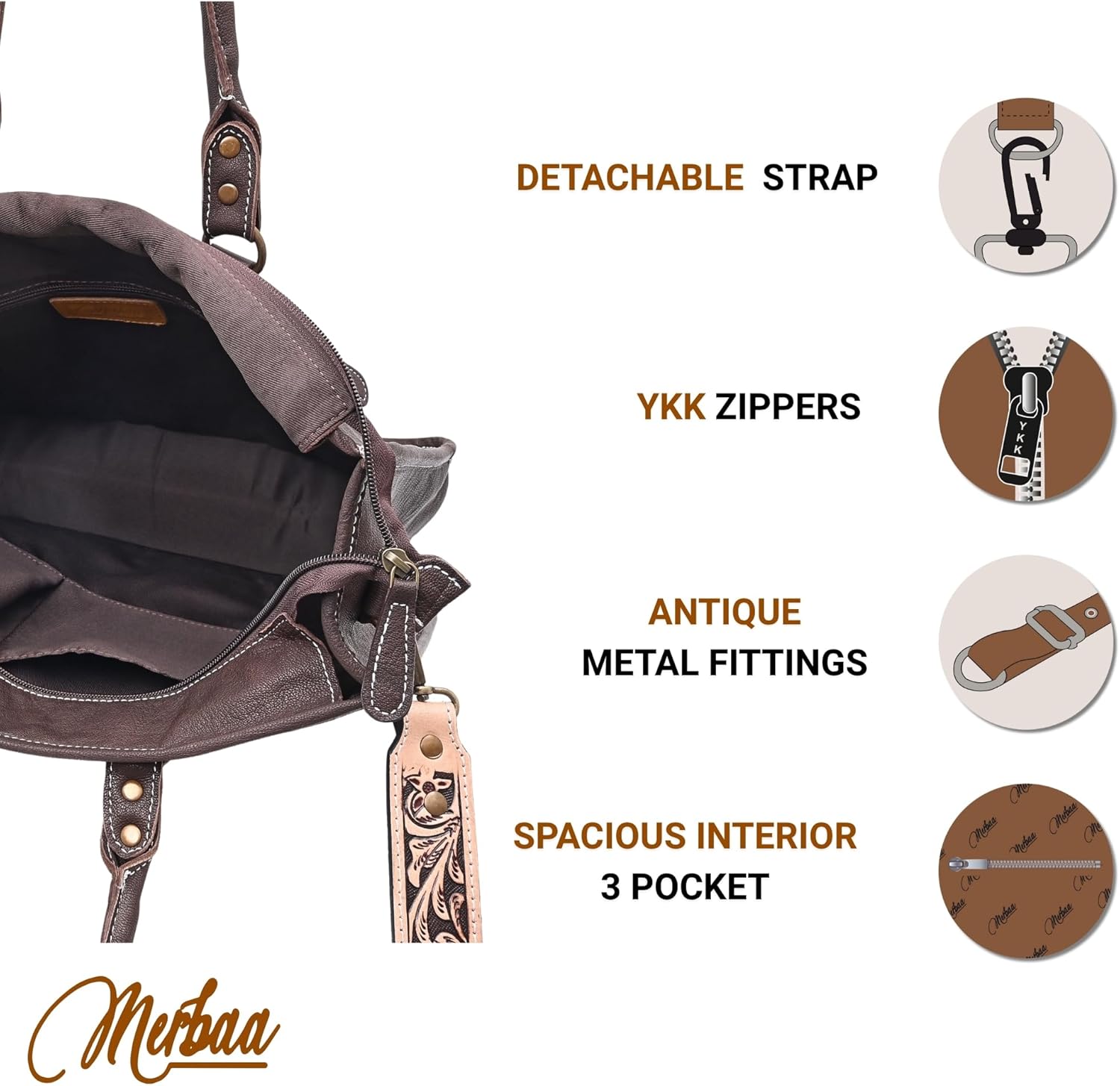 Merbaa Women Natural Cowhide Leather Hand Bag With Adjustable Detachable Strap Leather Massenger Handbag Purse Sling Bag - Image 4