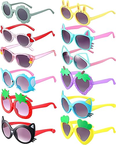 Weewooday 12 pares de lentes de sol para niños, diseño de fresa, gato, flor, corazón, para fiesta, caricatura, para niños