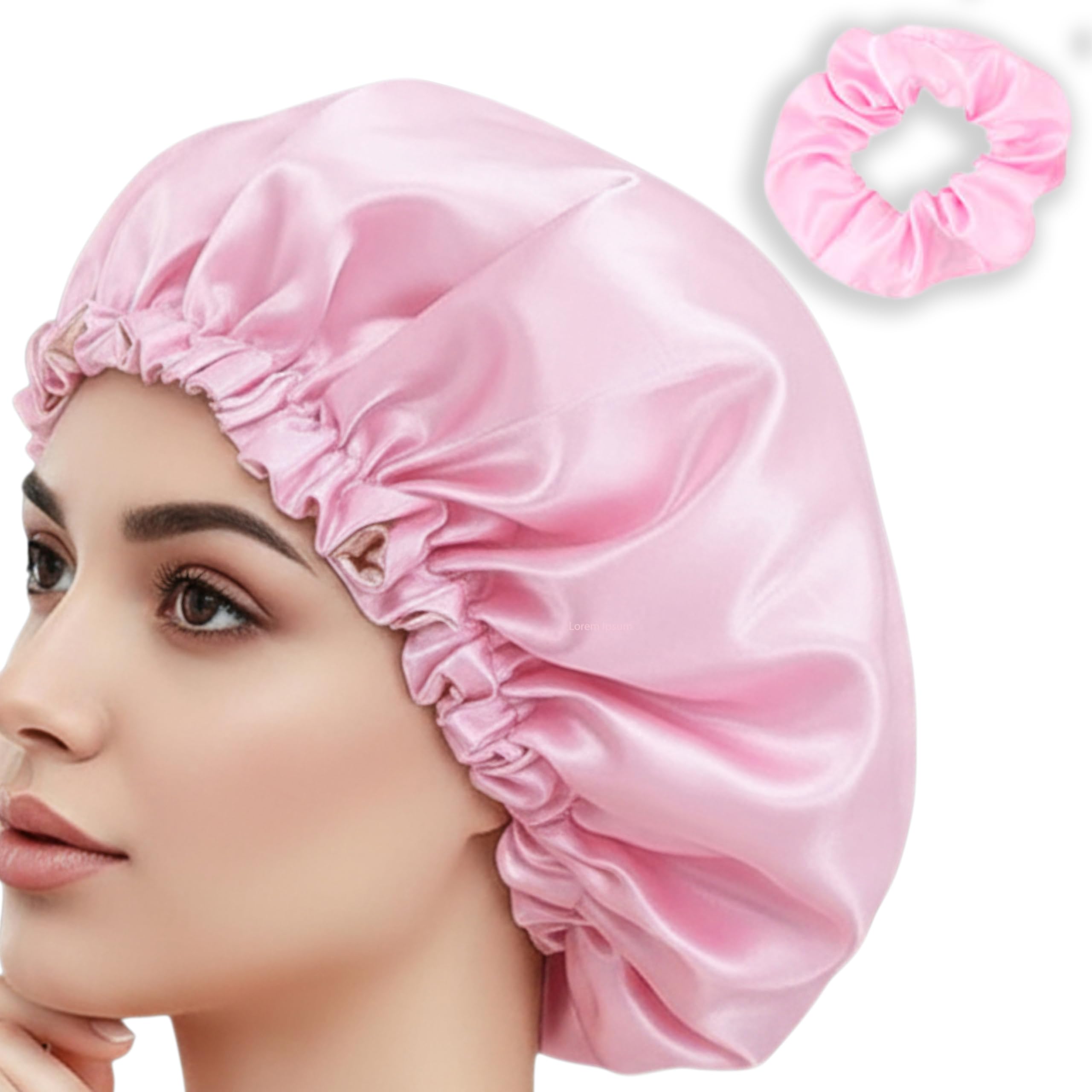 TEMPERIA Satin Silk Hair Bonnet Cap for Sleeping with Scrunchies for Women & Girls | Night Head Cover Wrap for Curly & All Hair Types | Adjustable, Soft & Comfortable - Pink-image-43