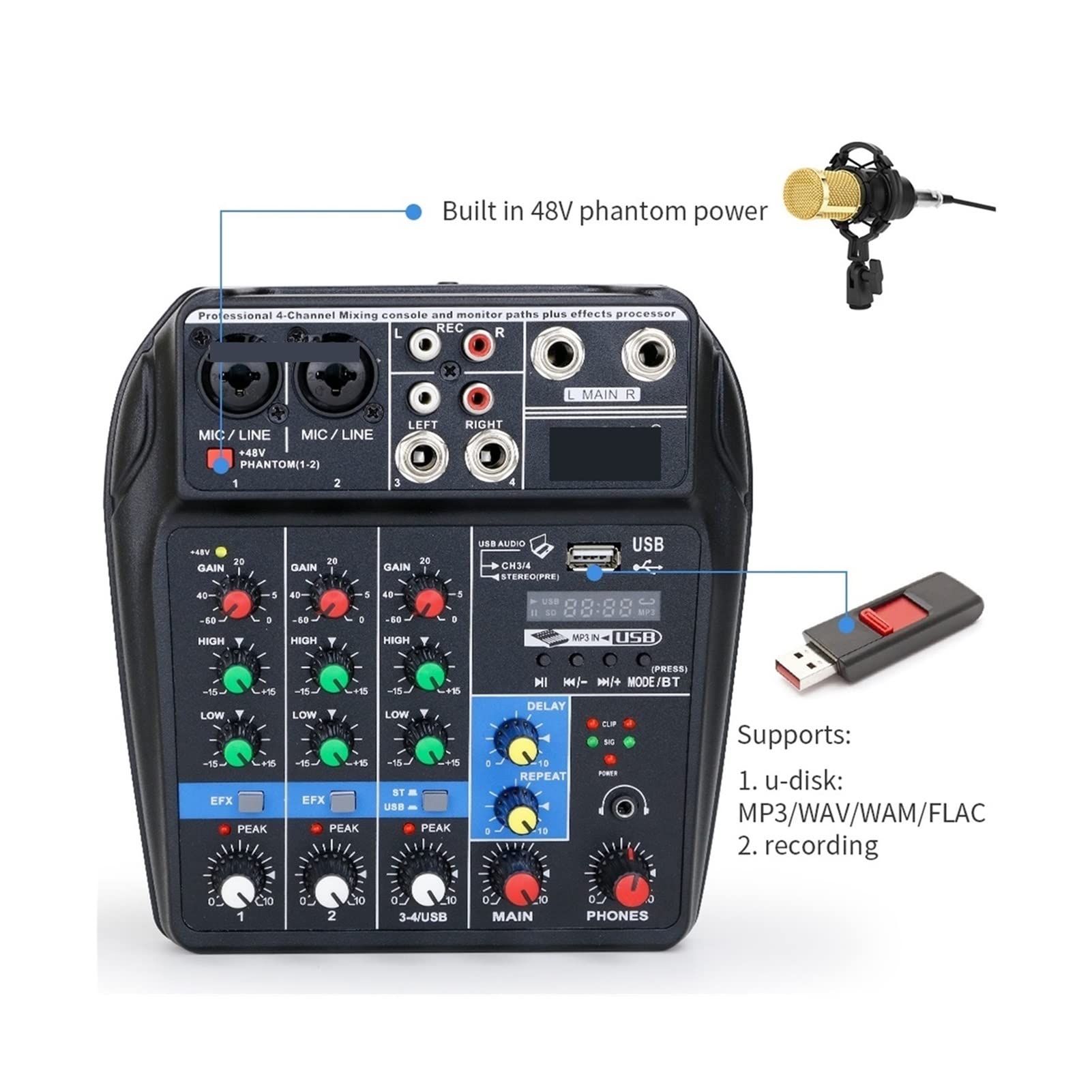 Attrezzatura per DJ per Feste Console di miscelazione del Suono di Registrazione Professionale 4 canali Mixer Audio USB Interfaccia Audio Audio Audio Mic 48V Phantom Power