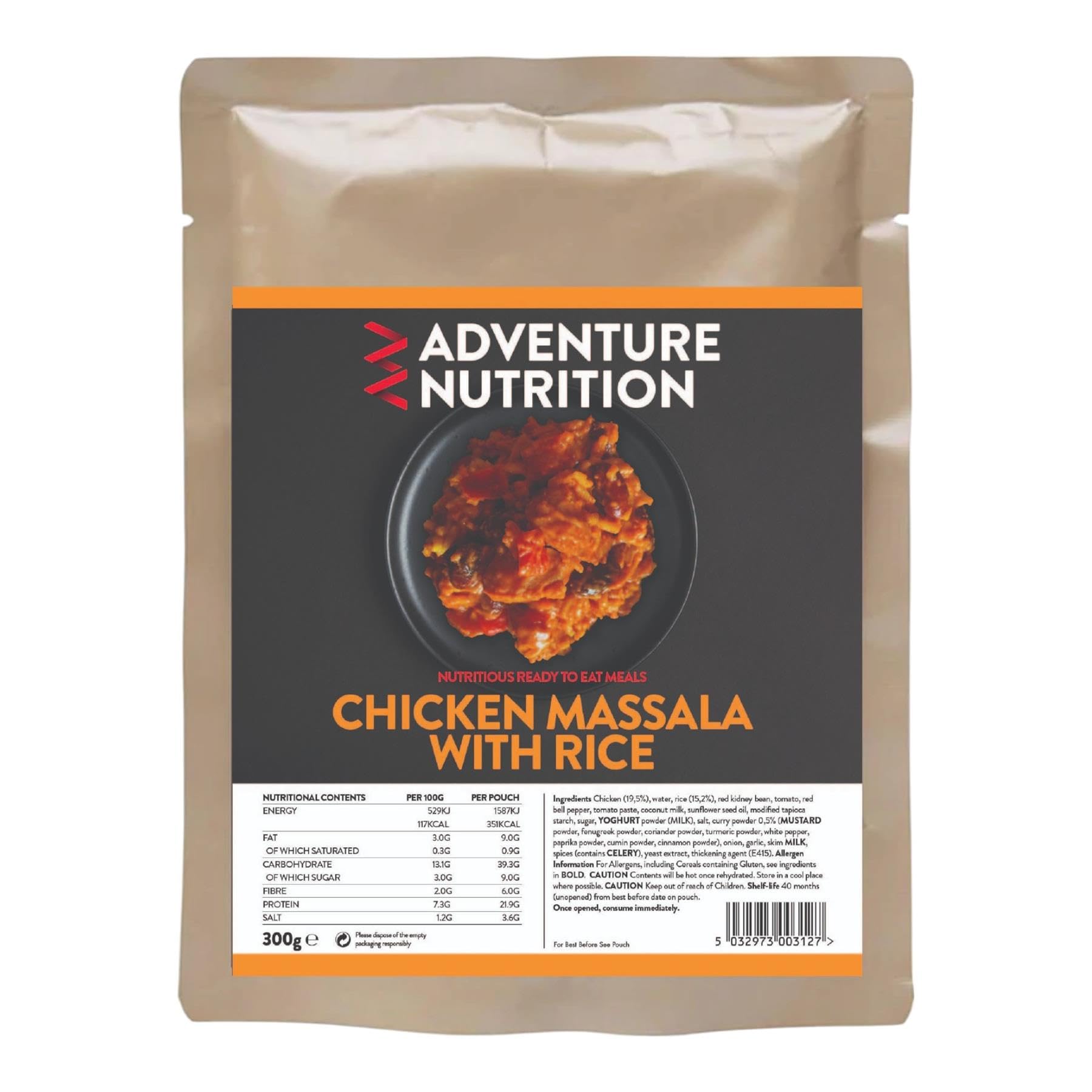 Adventure Nutrition Chicken Masala with Rice 300g MRE – Authentic Indian Ready-to-Eat Meal, High-Protein Camping Food, Lightweight Backpacking Meal, Long Shelf Life Survival Ration