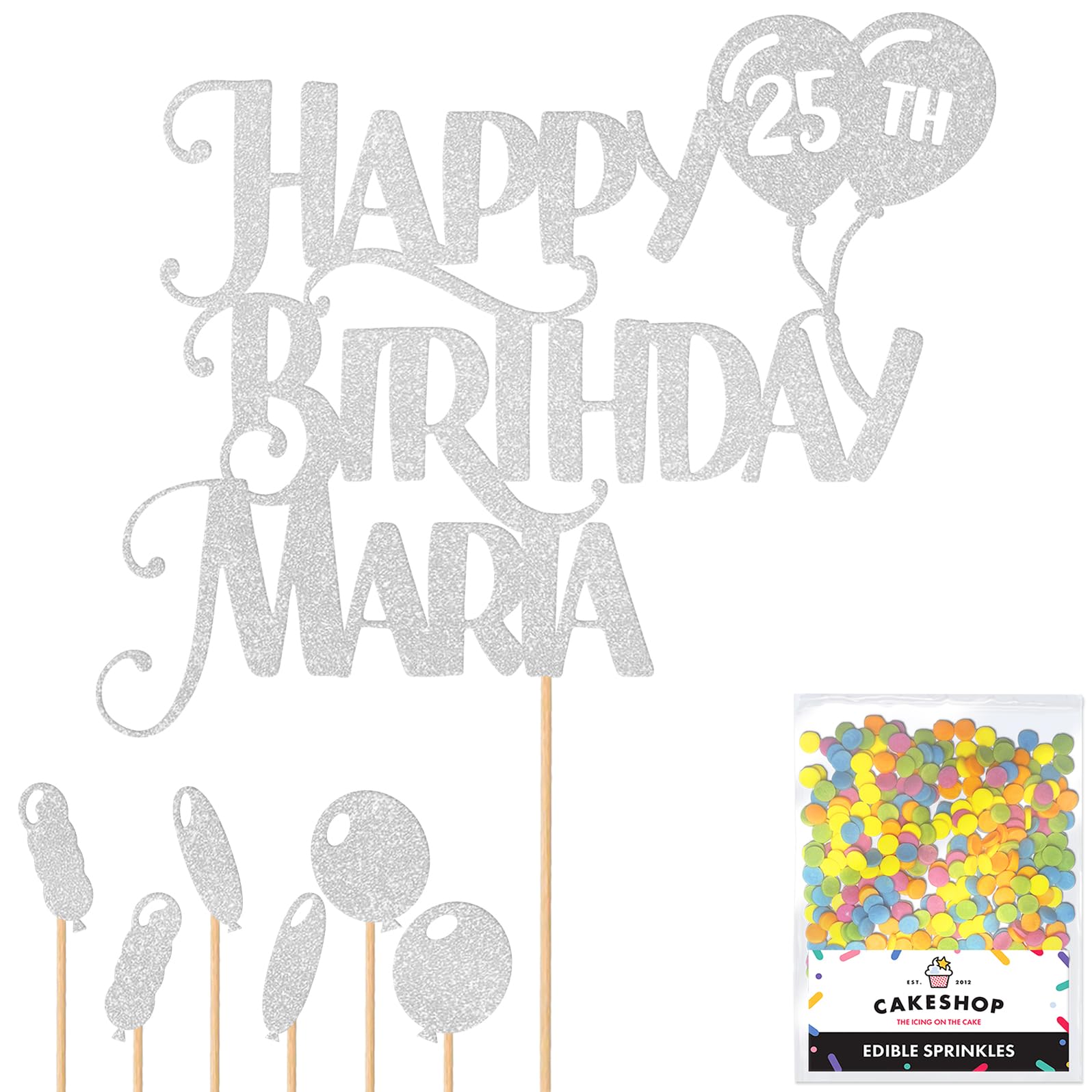 Personalised Happy Birthday Glitter Cake Topper inc Balloons - Silver Any Name & Age Glitter Cake Decoration and Sprinkles - Happy Birthday Decorations - Personalised Toppers for Cakes by Cakeshop