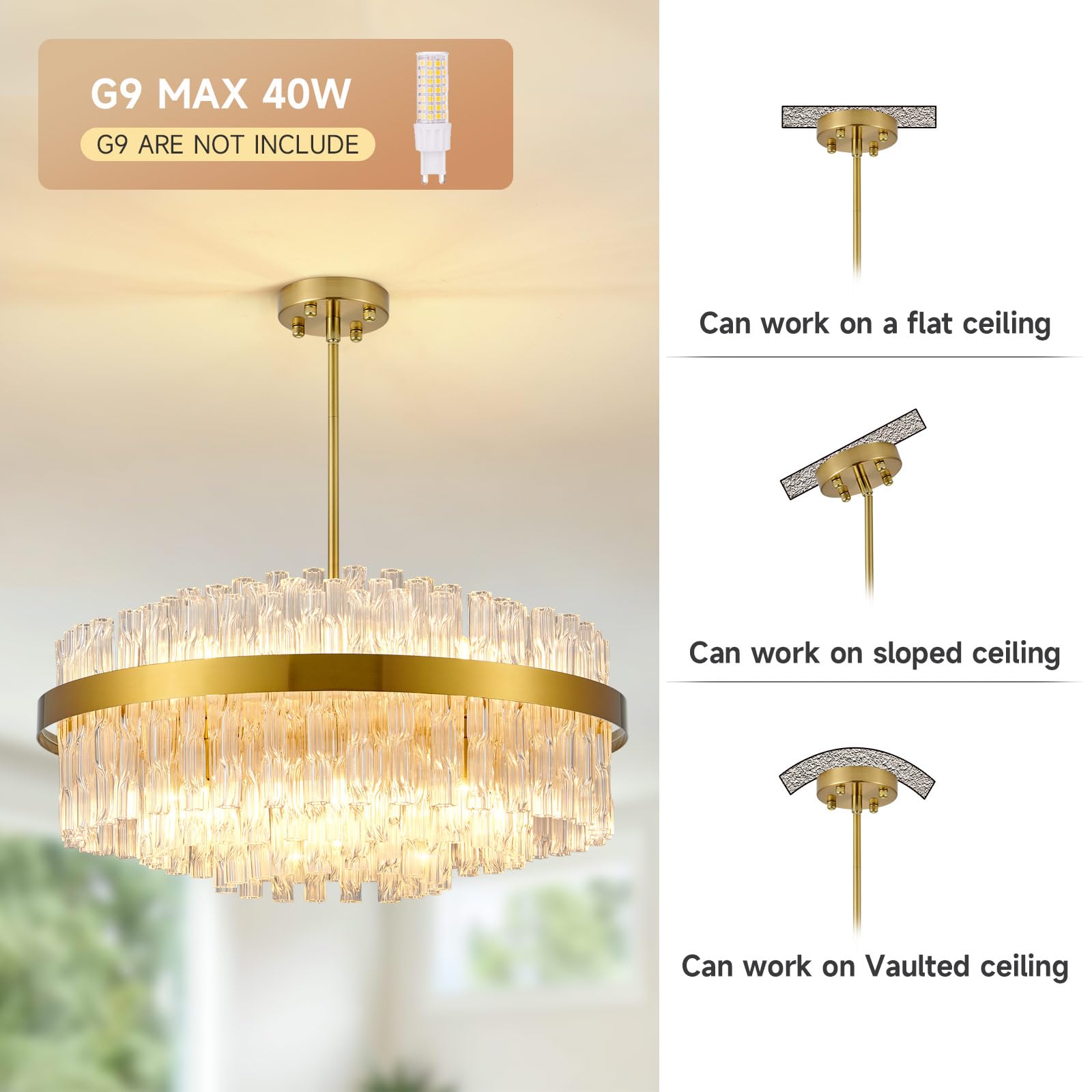 Gold Kristall-Kronleuchter, bündig montierte Kristall-Deckenleuchte, runde Kronleuchter-Pendelleuchte für Wohnzimmer, Kücheninsel, Esstisch, Flur, G9 x 12 Leuchten, 60 cm