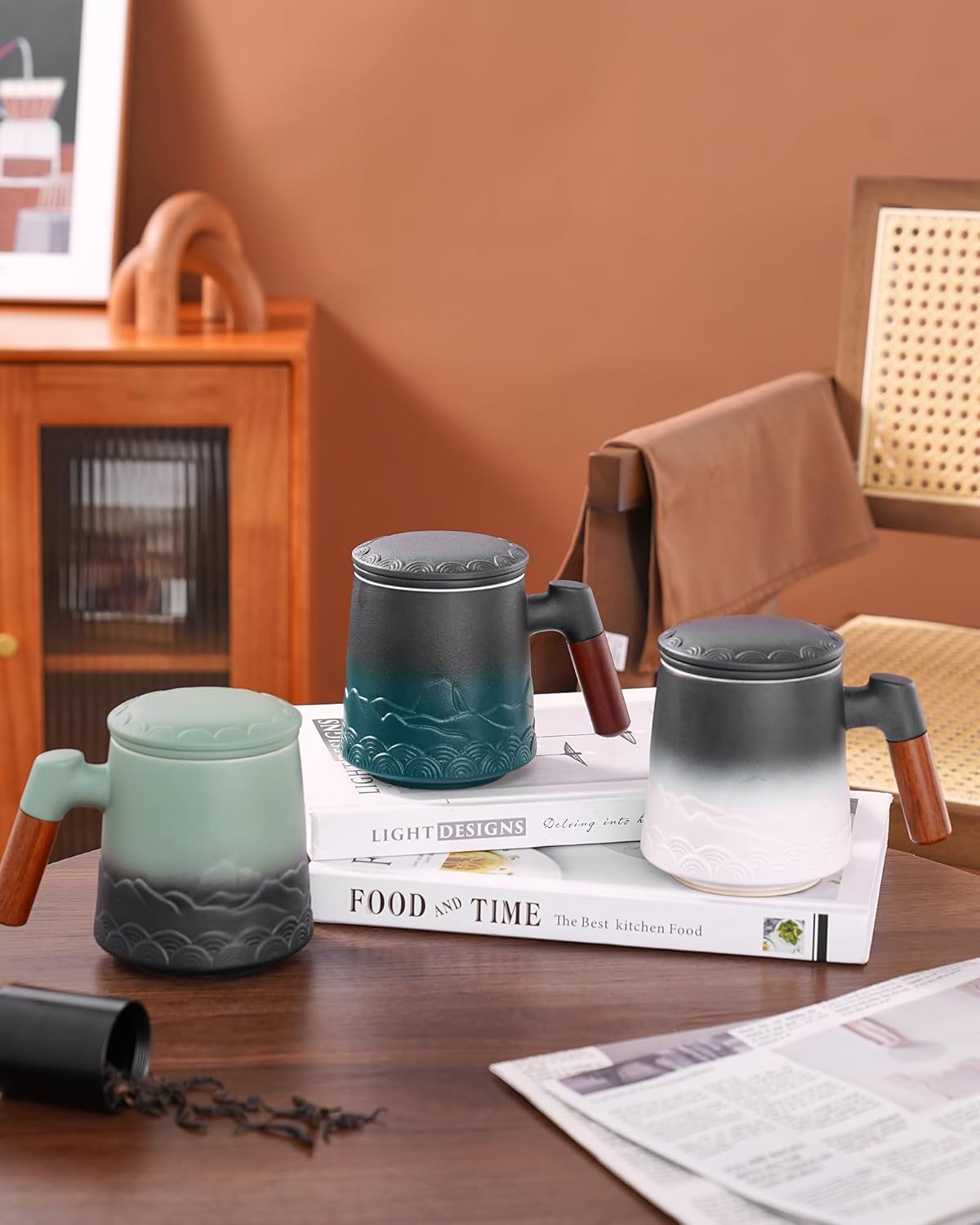 ZENS Tea Cup with Infuser and Lid for Loose Leaf Steeping, 16.9oz Embossed Ceramic Tea Infuser Mug, Wood Handle Tea Diffuser, Great Gift - Image 9