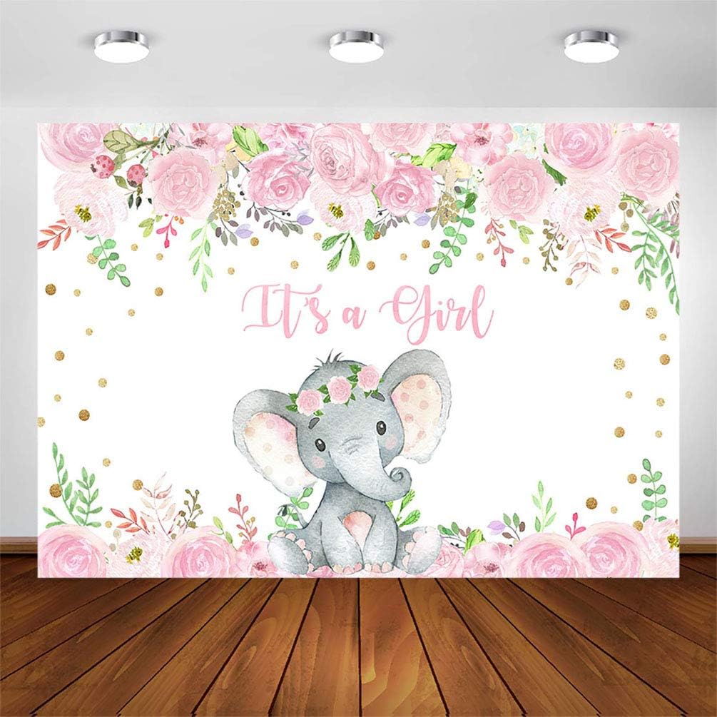 Avezano Elephant Baby Shower Backdrop It's a Girl Elephant Baby Shower Party Decorations Pink Floral Elephant Shower Photography Backdrops Background Cake Table Banner Supplies