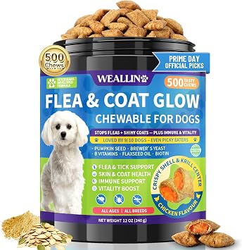 Flea and Tick Prevention for Dogs, Dog Flea Treatment with Skin & Coat Support 500 Crunchy & Krill Chews Dog Flea and Tick Treatment Chewable for Immunity & Energy for All Breeds & Ages Chicken Flavor