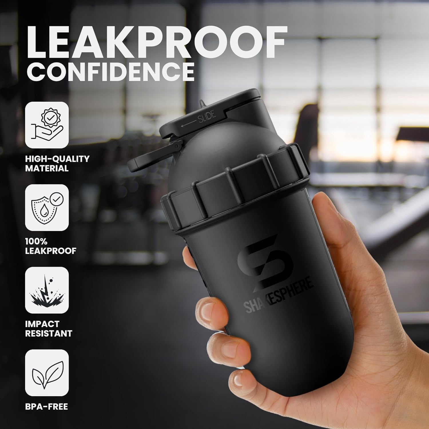 SHAKESPHERE Tumbler Protein Shaker Bottle - BPA-Free 24oz Blender Shaker Cups for Protein Shakes, Purees, Fruit, Smoothies & Pre Workout with Clear Window - Bladeless Mixer & Leak Proof - Matte Black - Image 3