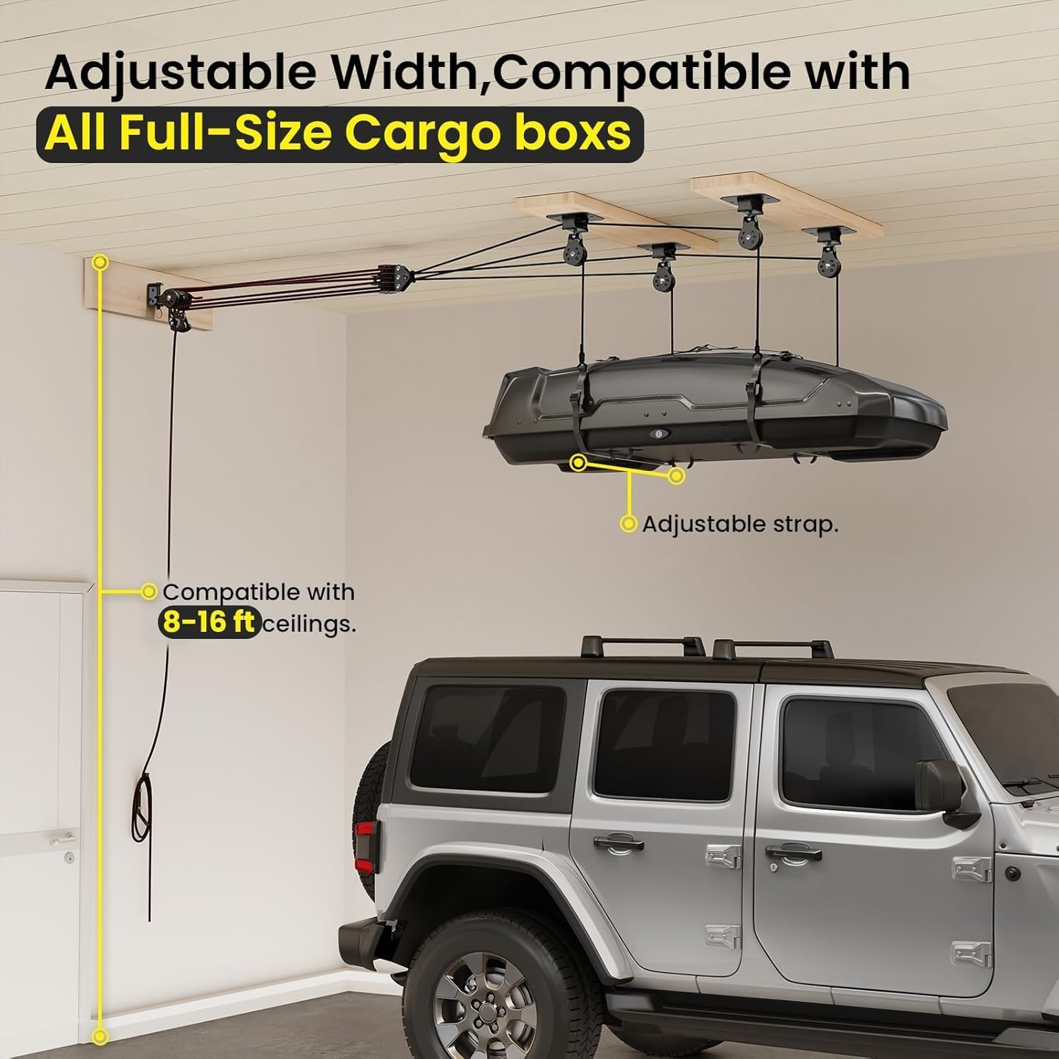 Cargo Box Ceiling Storage Hoist,180lbs Pulley System for Overhead Garage Ceiling Storage, Heavy Duty Pulley Lift System for Roof Cargo Box, Garage Hoist Fits 8-16ft