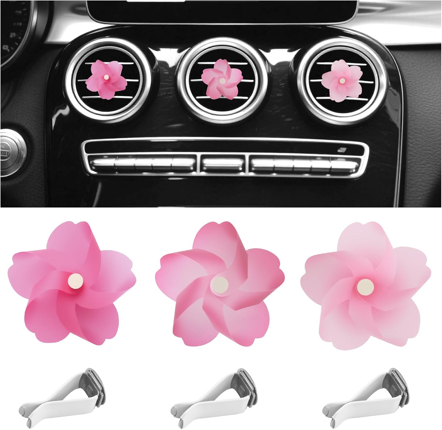 3PCS Car Vent Clips Cute,Pink Flower Air Vent Clips Car Accessories for Air Conditioning Outlet Decoration,Universal Cars Clip for Vents Cars Interior Accessories for Women