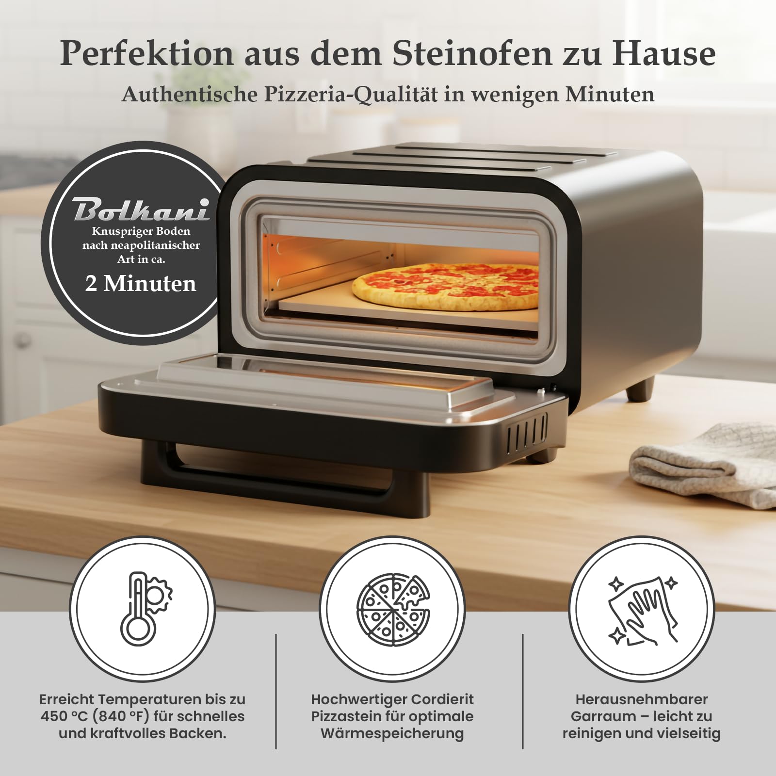 Pizzaofen Elektrisch 450 Grad mit Pizzastein, Profi Steinofen für Zuhause Indoor, Timer Ober Unterhitze 80-450°C Sichtfenster Innenbeleuchtung Tischpizzaofen Edelstahl