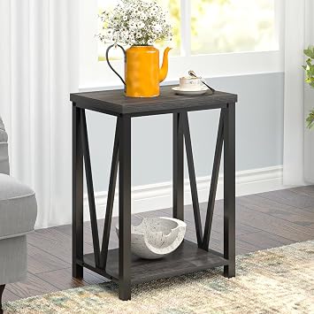 Small Side Table, Rustic Wood and Metal End Table with Storage, Vintage Night Stand for Living Room Bedroom Office, Dark Gray