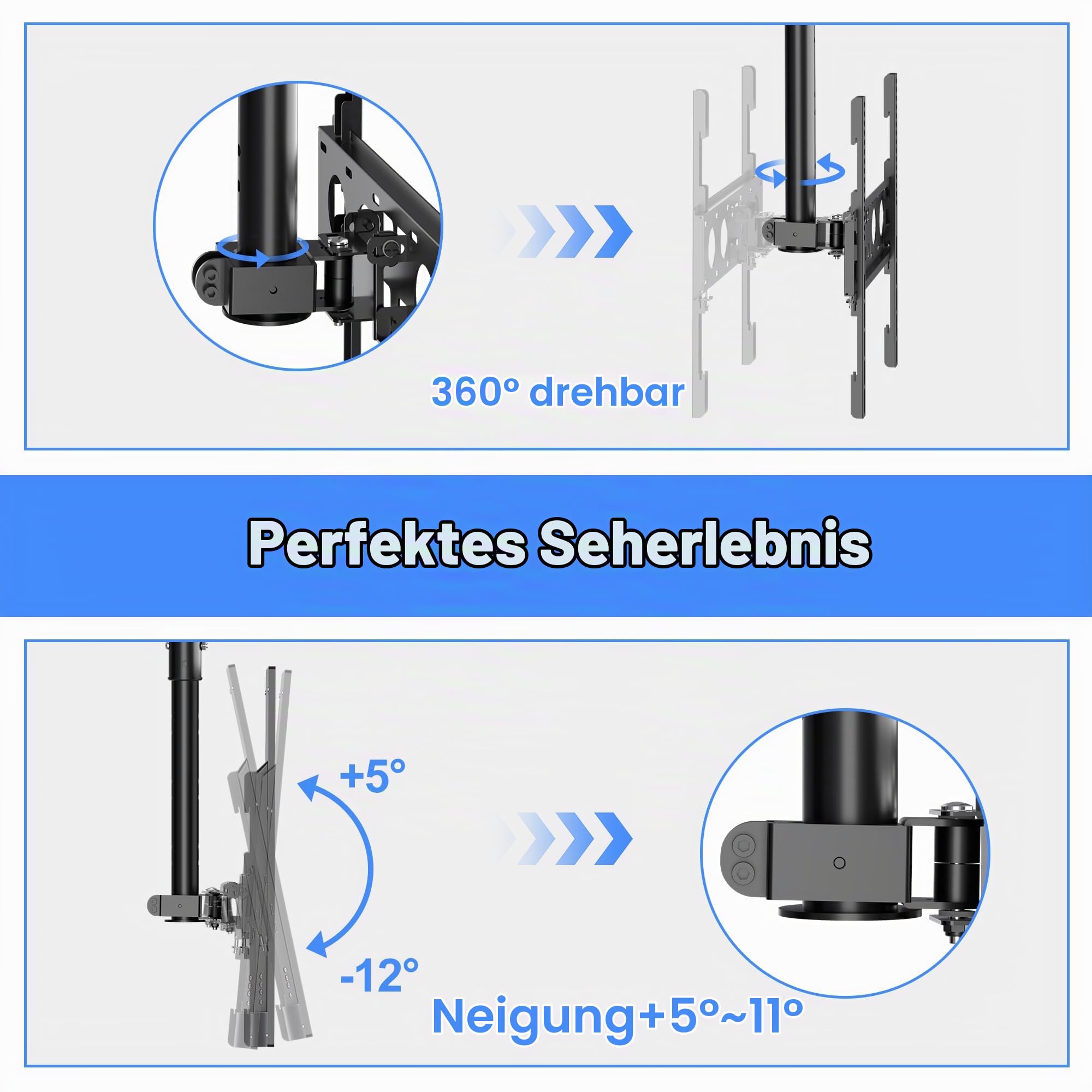 XINLEI TV Deckenhalterung Schwenkbar Neigbar 360° für 26-65 Zoll Fernseher bis 45kg, Höhenverstellbare Deckenhalterung mit 50mm Stahlrohr, hohles Rohr für Kabelmanagement – max. VESA 400×400mm