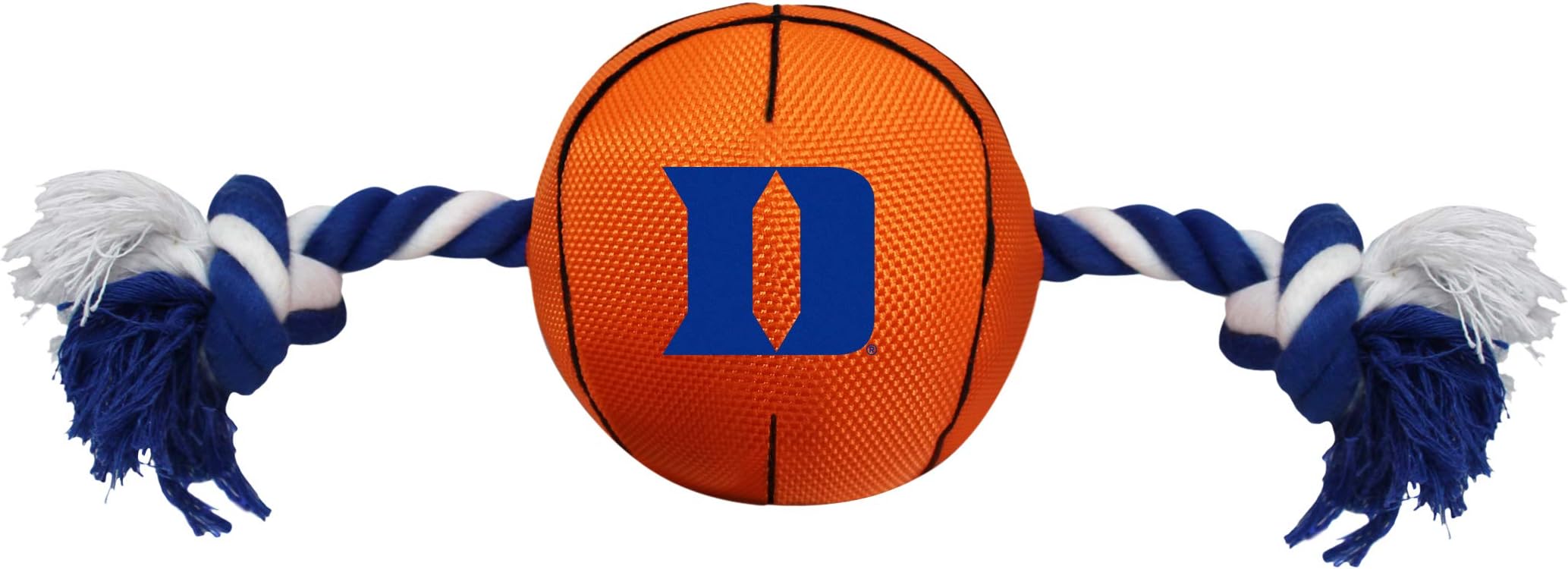 NCAA Duke Blue DEVILSBasketball Rope Toy for Dogs & Cats. Tough Nylon, Sporty Basketball Design, Heavy-Duty Ropes with Inner Squeaker