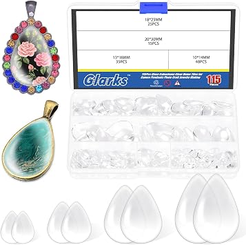 Glarks 115pcs 10/13/18/20mm Teardrop Glass Dome Cabochons Set, Flat Back Clear Glass Cabochon Tiles, Glass Cabochons for Photo Pendant Jewelry Craft Making