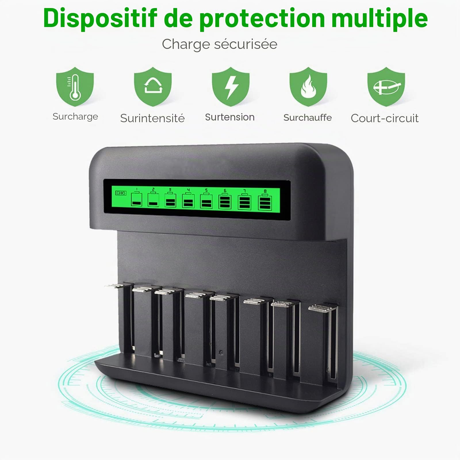 CITYORK 4pcs D Cell 8000mAh Piles Rechargeables avec 8 Fentes AA/AAA/C/D Ni-MH Chargeur de Batterie Ni-CD