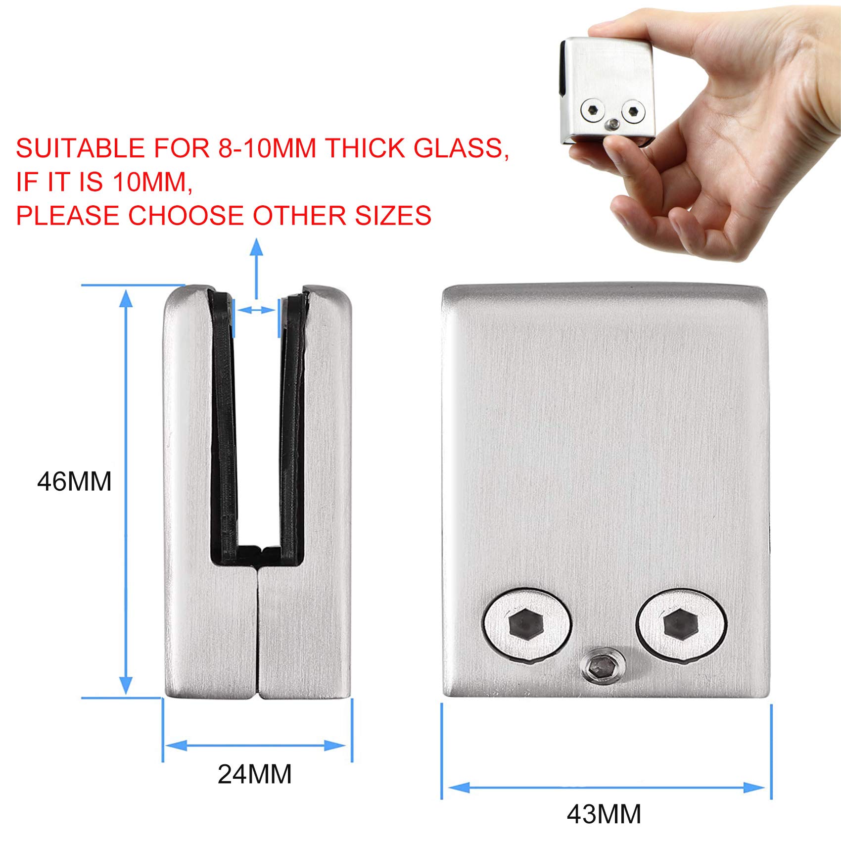 Jingming 4pcs Glass Clamps, Stainless Steel 304, 8-10mm Glass Pane, Adjustable, Flat Back, Silber - Image 3