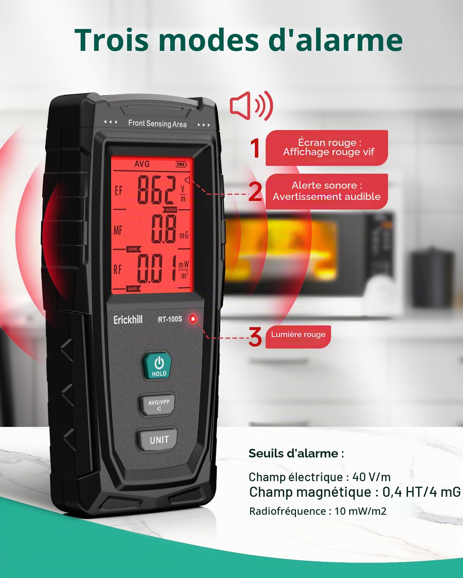 ERICKHILL Testeur EMF RT-100S EF/MF/RF - Champ magnétique rechargeable - Détecteur de rayonnement numérique double interface - Écran LCD numérique - Pour la maison, le bureau, l'extérieur