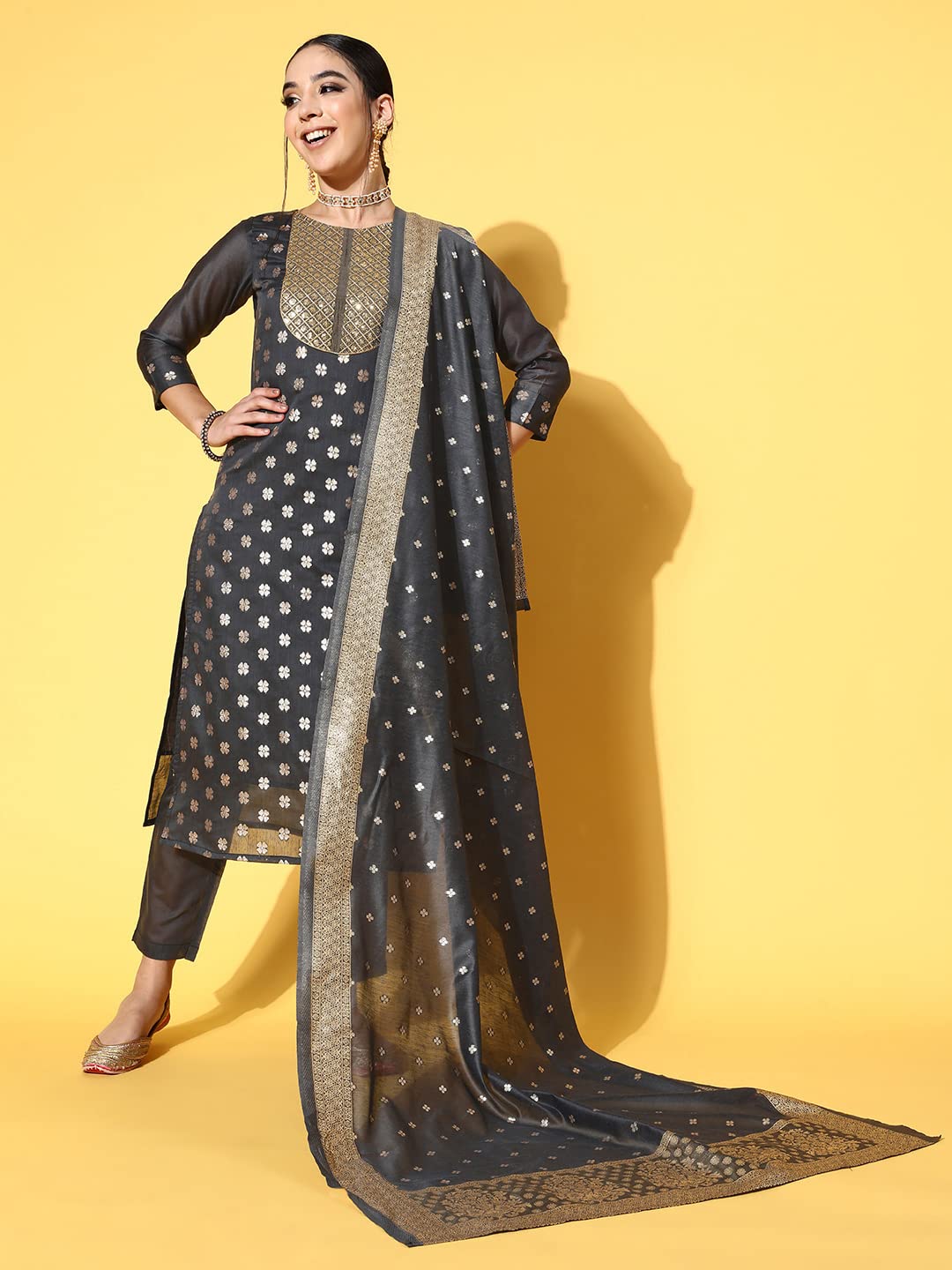 arriva fab Women's Sequin Work Chanderi Print Straight Fit Side Slit Kurta Set (AR7093-S) Grey
