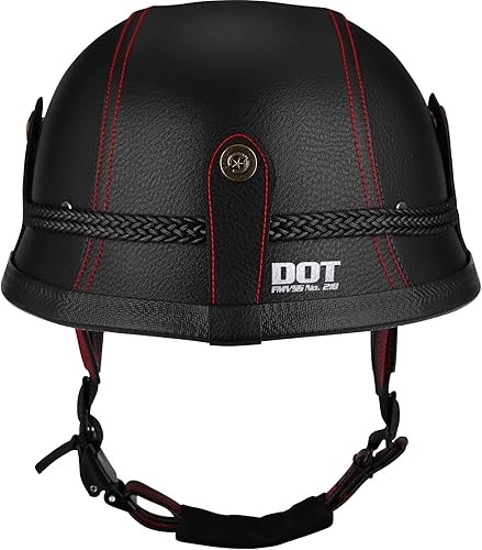 Miniatura 10 de Medio casco de motocicleta retro alemán hecho a mano de cuero de media cara hebilla de liberación rápida y gafas - aprobado por DOT