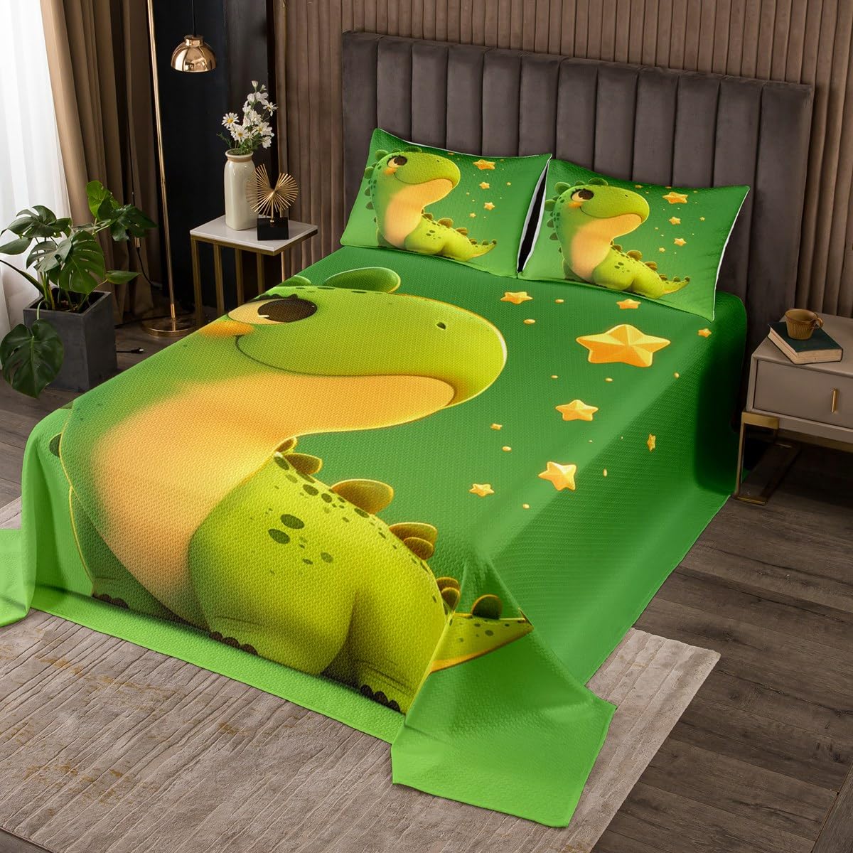 Manfei 3D Cartoon Dinosaur Kids Bedspread Queen Size,Watercolor Stars Dreamy Coverlet Set,Boys Girls Room Decor,Kawaii Dino Ancient Wild Animal Quilted Coverlet,Green Bedding Quilt,2 Pillowcases