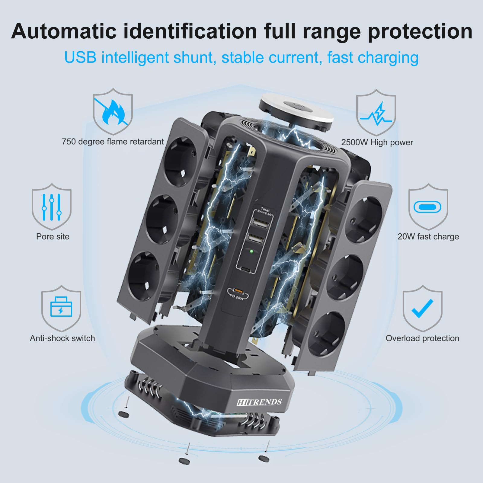 Ciabatta elettrica a 12 prese con 2 USB-A e 2 USB-C, 4000 W LED con interruttore, cavo da 1,8 m, torre con protezione da sovratensione (nero)