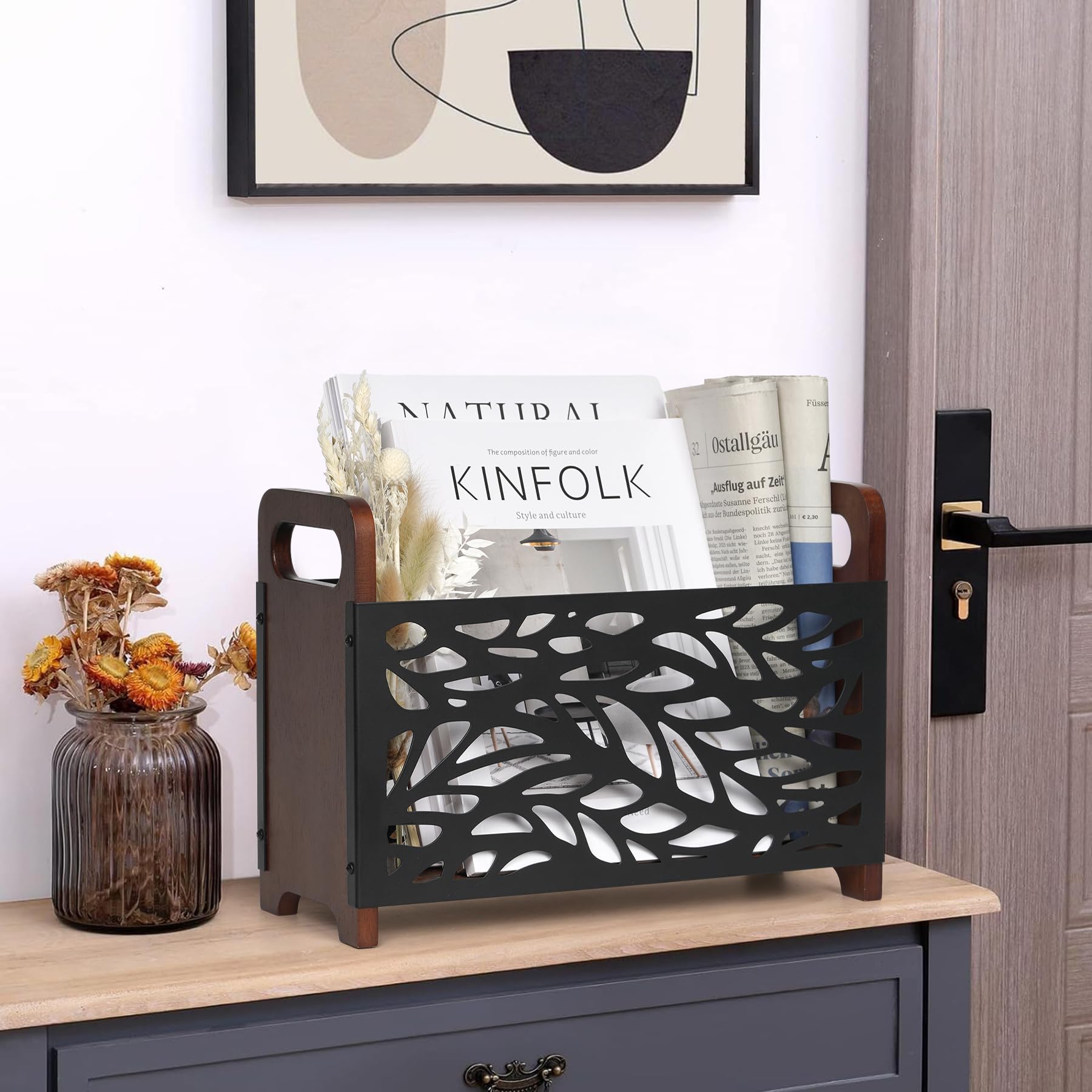 Revistero, Soporte de revistas, estantería de madera para libros y revistas, cesta de almacenamiento para revistas para oficina y hogar, 33x24x13cm