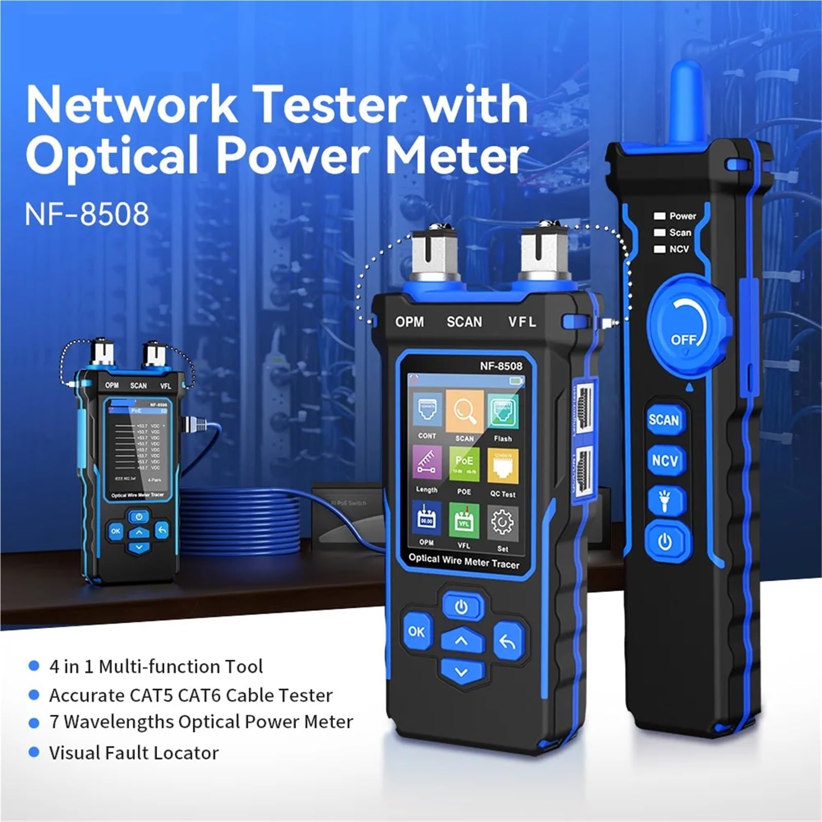 Tester per cavi di rete, NF-8508 Cable Tracker LAN Misuratore di potenza ottica Display LCD Misura lunghezza Wiremap Tester cavi rete
