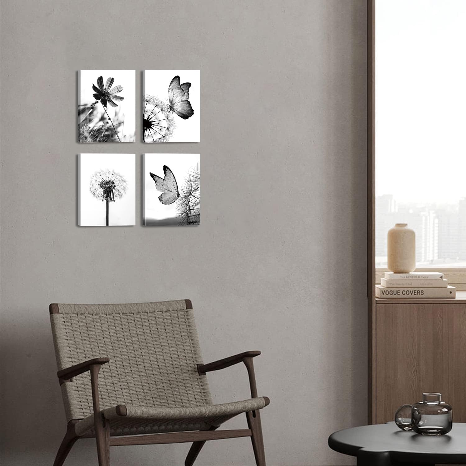 Black and White Flower Plant Butterfly Wall Art, Rustic Wall Art for Bedroom Farmhouse Decor, Dandelion Butterfly Canvas Prints, Set of 4 (8x10 inches Framed)