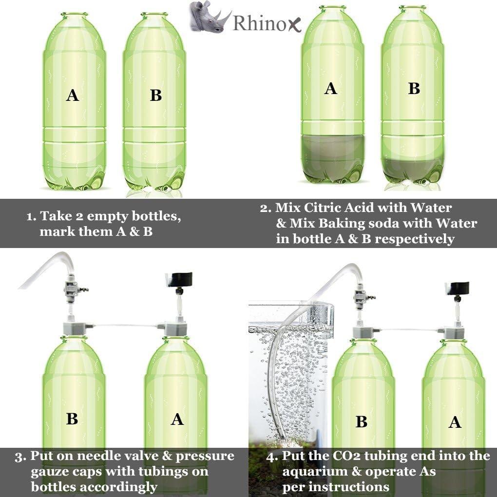 Rhinox DIY Pressurized CO2 System, CO2 Generator Kit Includes Caps, Valves, 3-Way Connector, Tubing, Pressure Gauge