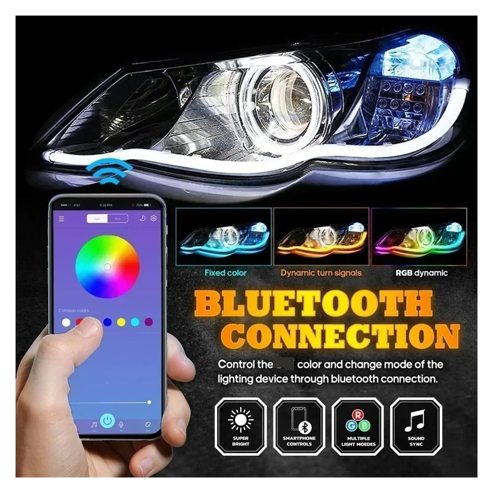 Auréoles pour auto Feu Jour LED DRL Pour Voiture 12V Contrôle Par Application Flexible Symphonie RGB Bande Clignotant Coulant Lampe Décorative Anneaux halo LED(30cm)