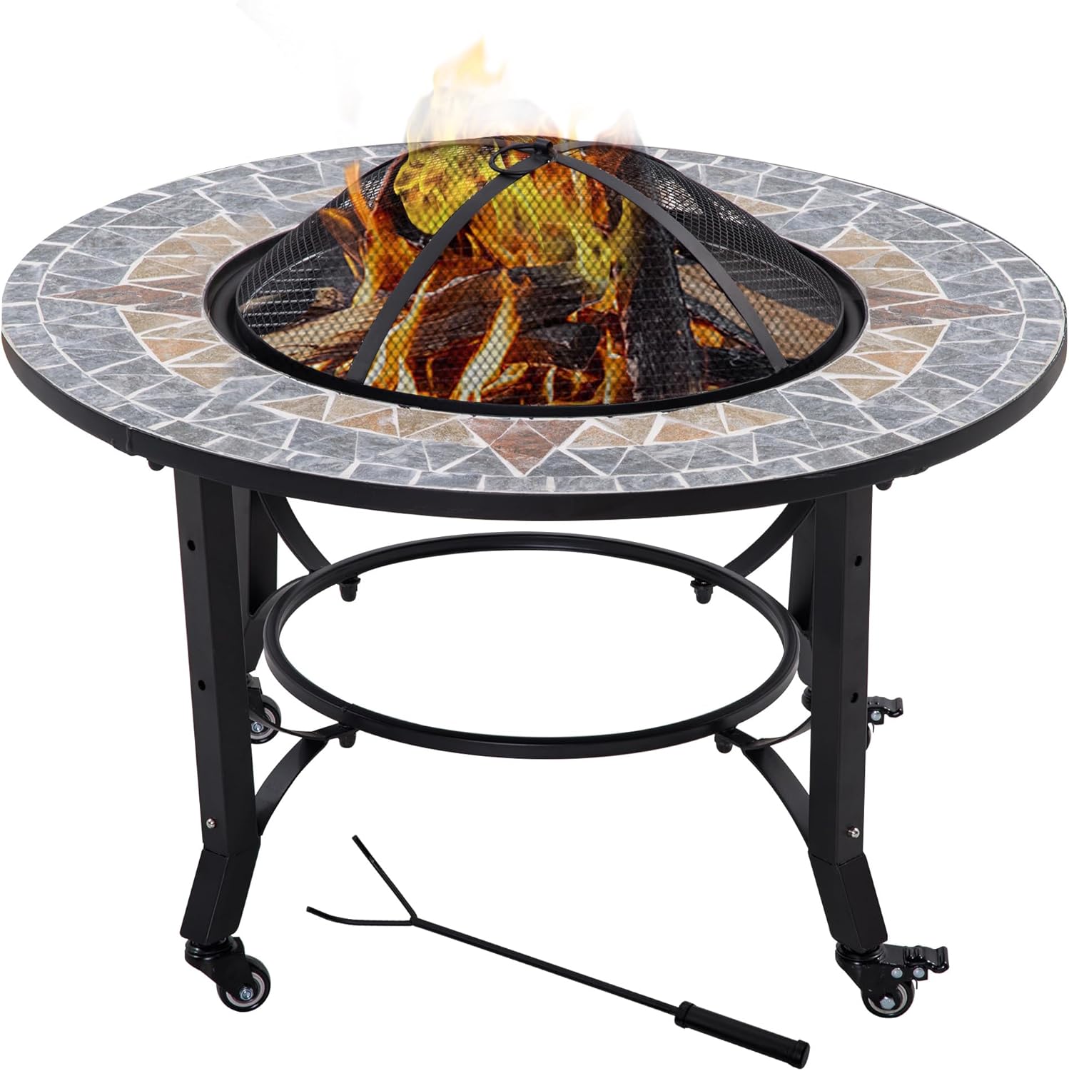 Outsunny 3in1 Outdoor Fire Pit on Wheels, Mosaic Garden Table, Patio