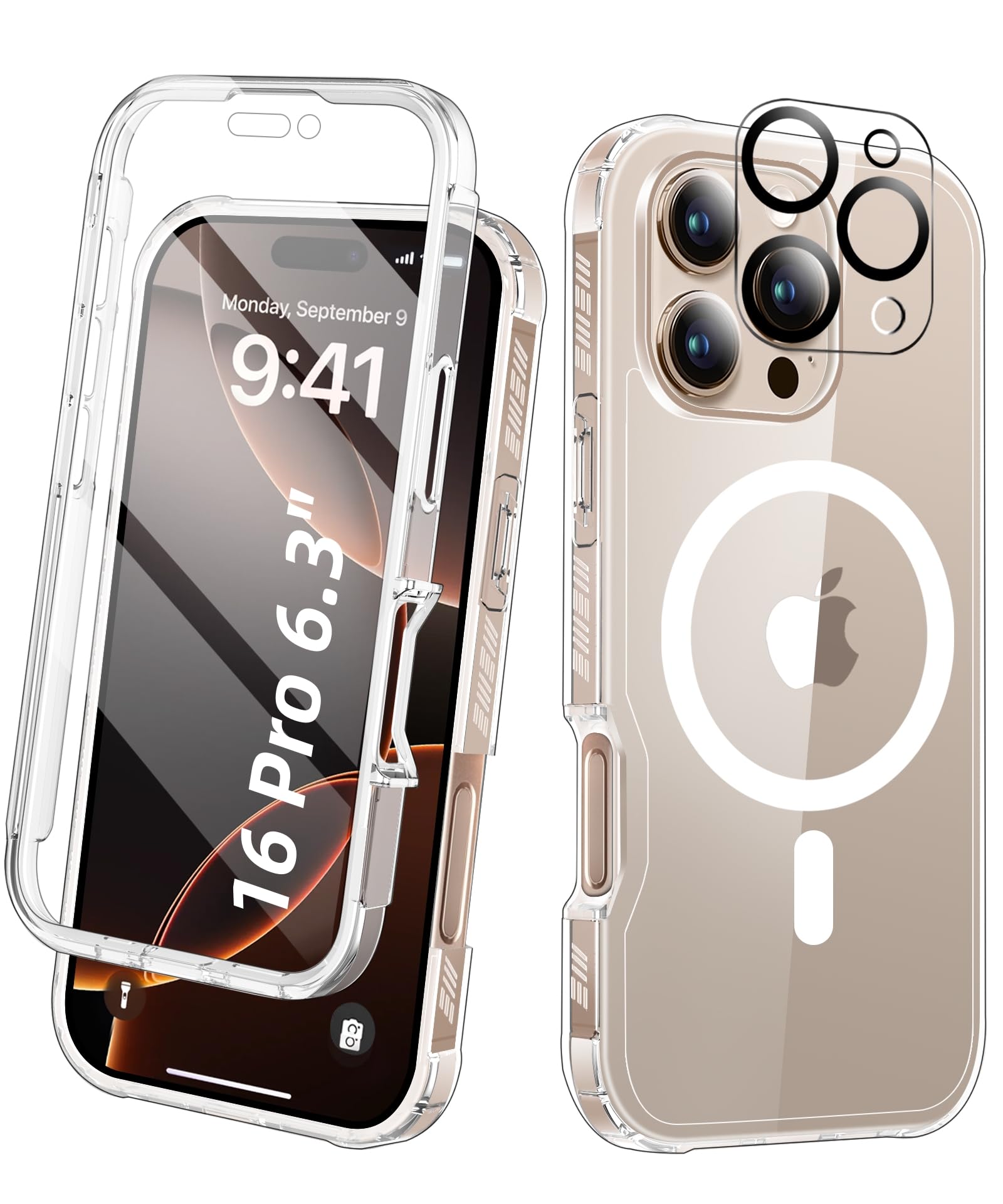 BANLEA Compatible with iPhone 16 Pro Case Clear, Built-in Screen Protector, with Camera Lens Protector, [Compatible with MagSafe] Full Body Phone Case