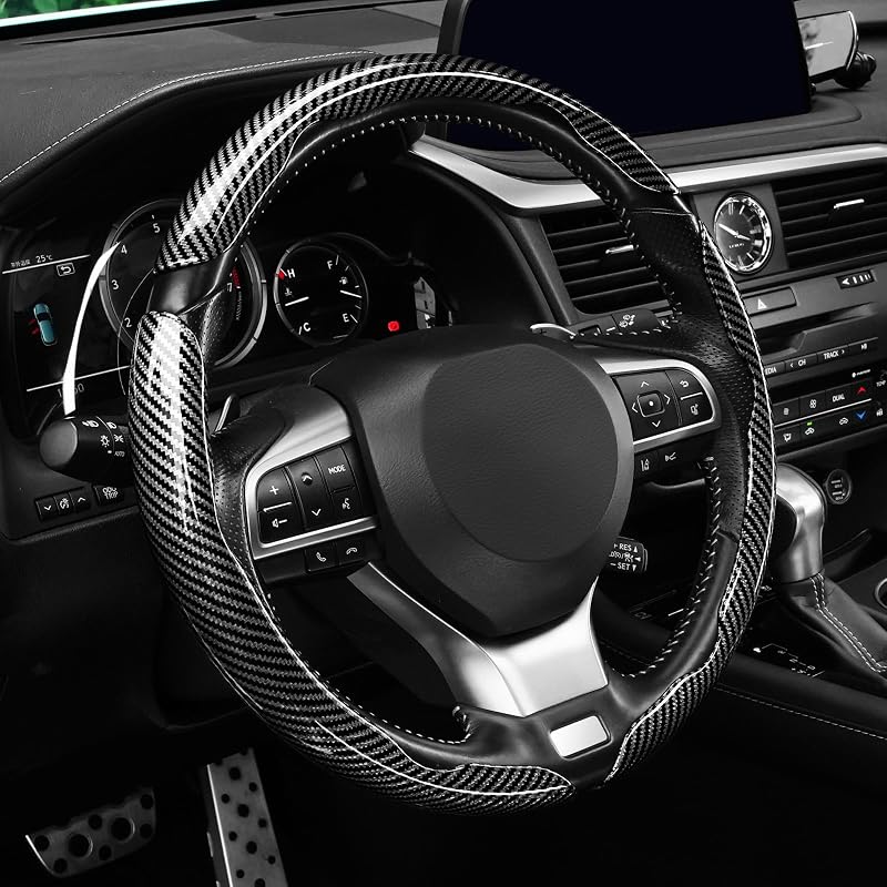 Amiss 3pcs Carbon Fiber Anti-Skid Steering Wheel Cover, Waterproof Design, Universal Fit for 14-16 Inch Car Wheel Cover, Interior Car Accessories for Jeeps, SUVs, Trucks (Glossy Black)