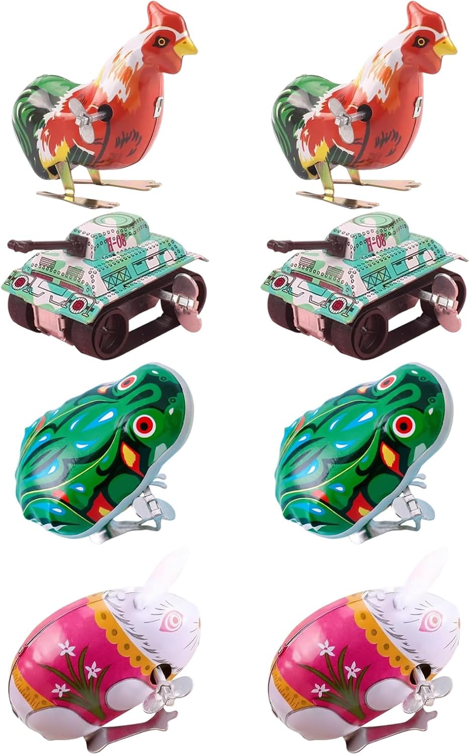Wind Up Tin Toy Set, 8 Piece Metal Mechanical Novelty Toys with Assorted Animal and Vehicle Designs for Party Prizes, Desk Play, and Classroom Rewards Clockwork Toy Assortment Windup Novelty Play Set