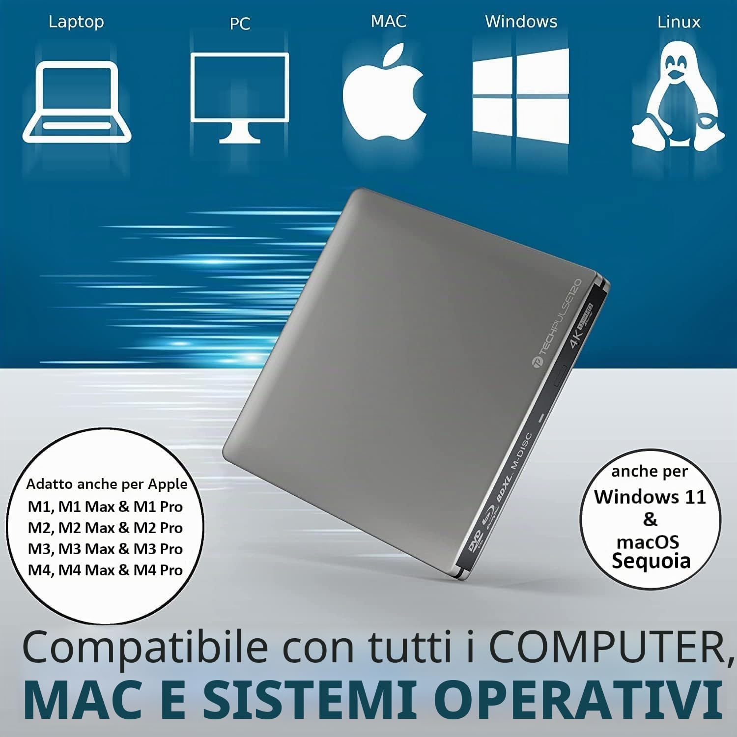 techPulse120 Masterizzatore esterno USB 3.1 USB-C UHD 4k 3D M-DISC Blu-ray DVD CD BDXL HDR10 128GB masterizzatore Burner Superdrive BD Imperator borsa 90 cm cavo alluminio Argento