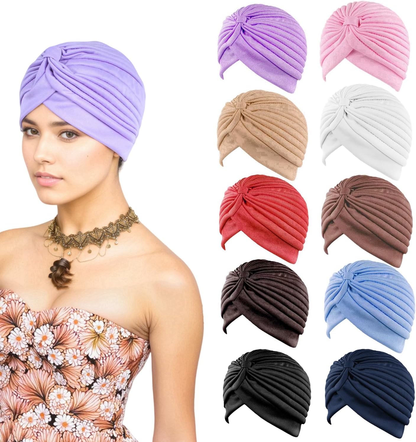 10 Pcs Fashion Chemo Head Wraps for Women Stretchy Turban Cap Cancer Headwear Bennie Twisted India's Hat