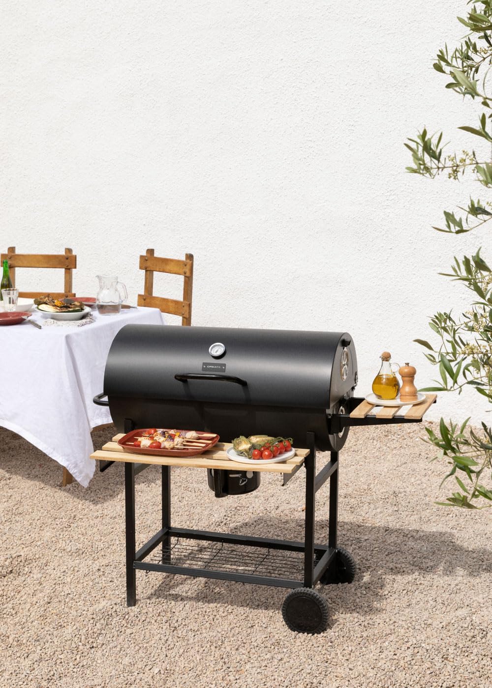 CREATE/BBQ SMOKEY/Barbacoa ahumadora de carbón con ruedas negro/De acero inoxidable, parrilla superior, control de temperatura, bandeja frontral y lateral, fácil de transportar